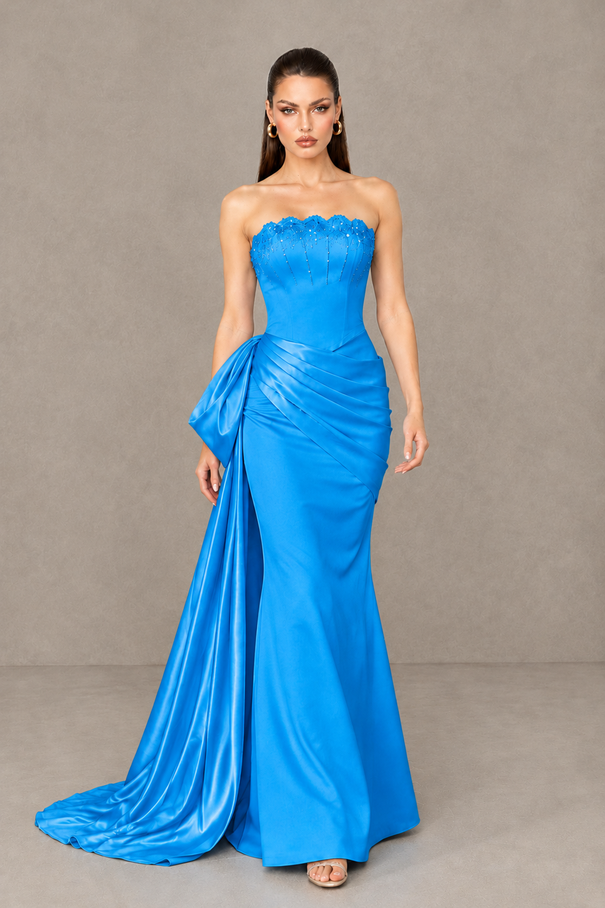 BOLODOO Blue Strapless Satin Prom Dress with Draped Side Train - Blue - Blue_4