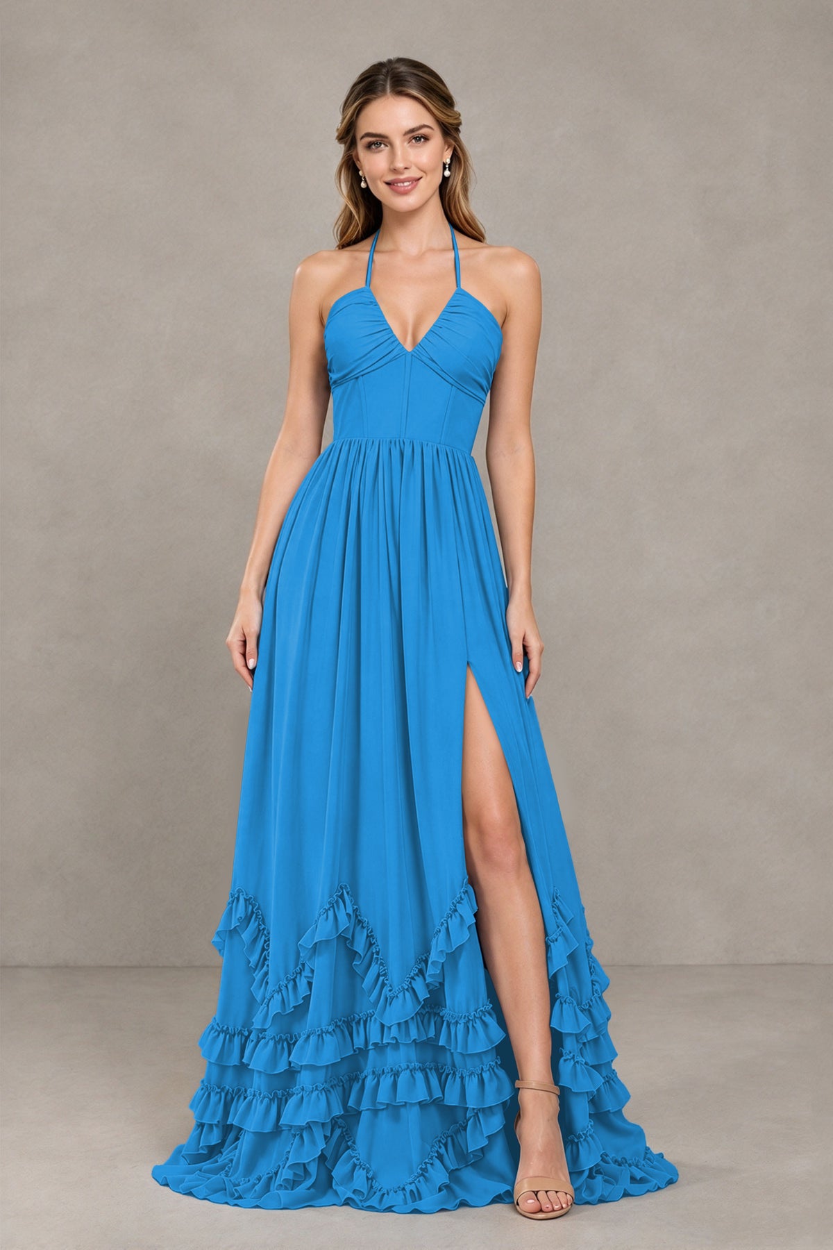 BOLODOO Blue Halter Ruffle Hem A-Line Bridesmaid Dress with High Slit - Blue - Blue(4)