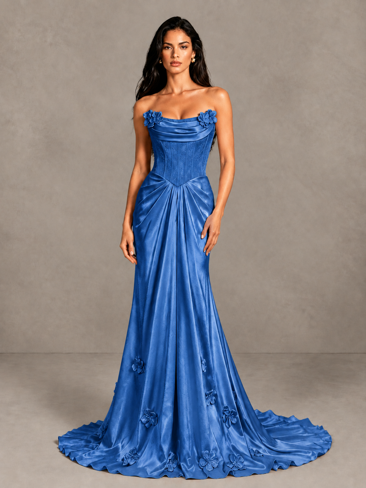 BOLODOO Blue Strapless Floral Corset Evening Gown with Train - Blue - Blue_4