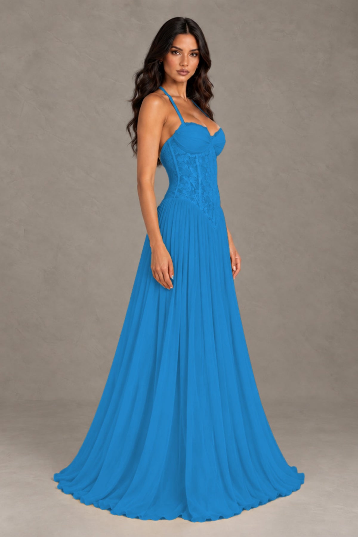 BOLODOO Blue Lace Corset Halter Maxi Gown – Backless A-Line Formal Dress - Blue - Blue(4)