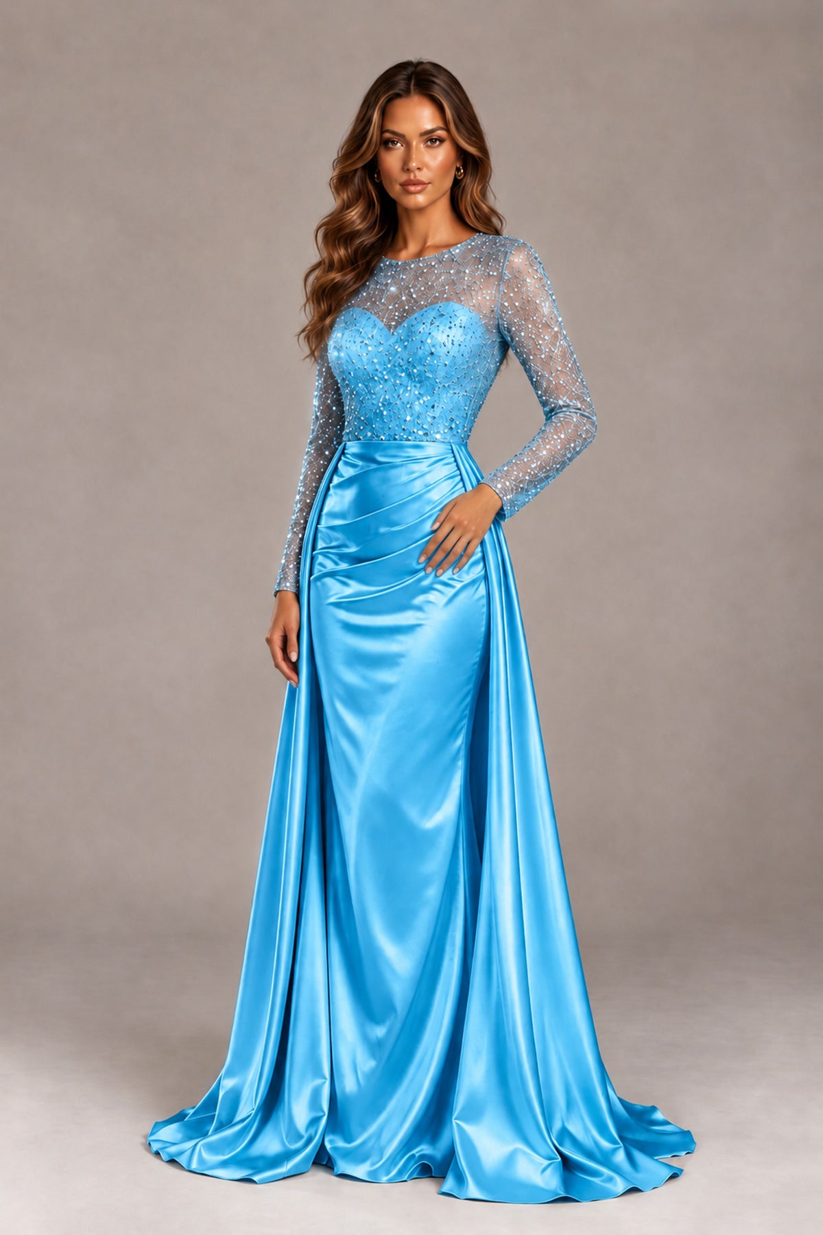 BOLODOO Blue Long Sleeve Embellished Satin Evening Gown with Sweep Train - Blue - Blue_4