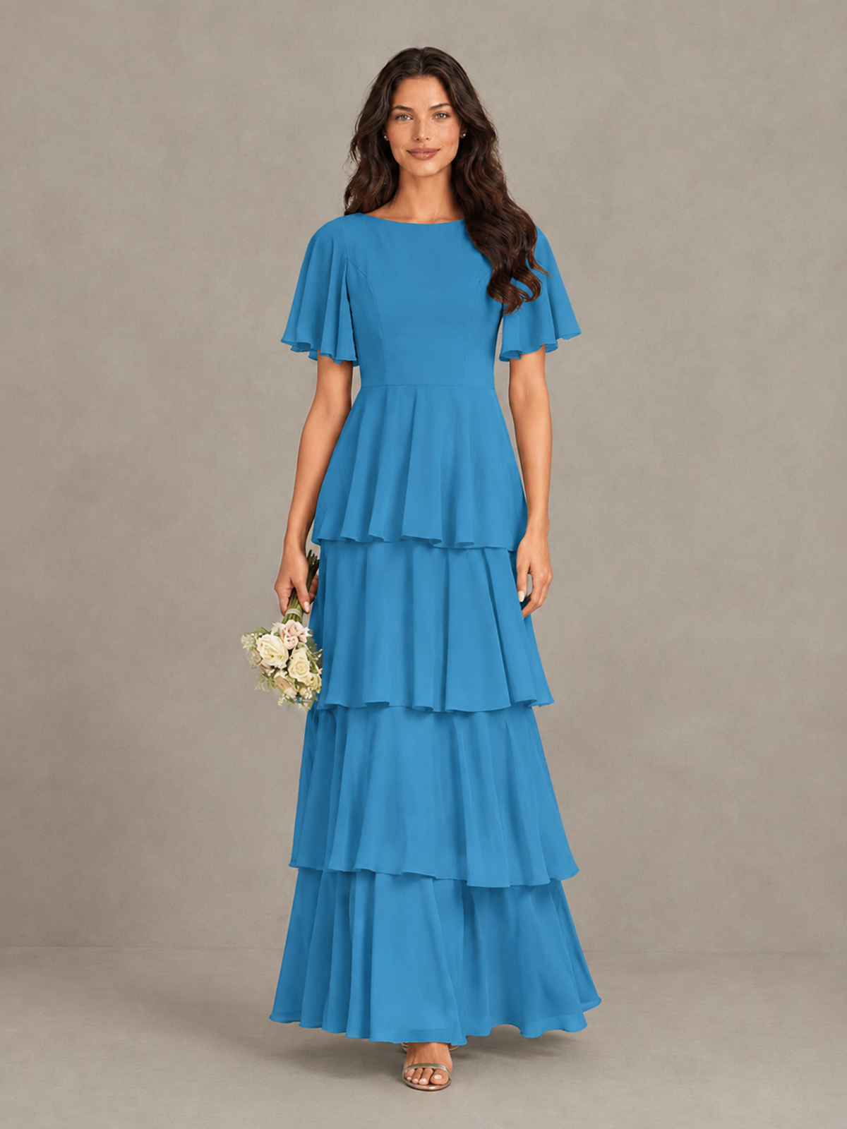 BOLODOO Blue Tiered Flutter Sleeve Bridesmaid Dress - Blue - Blue_4