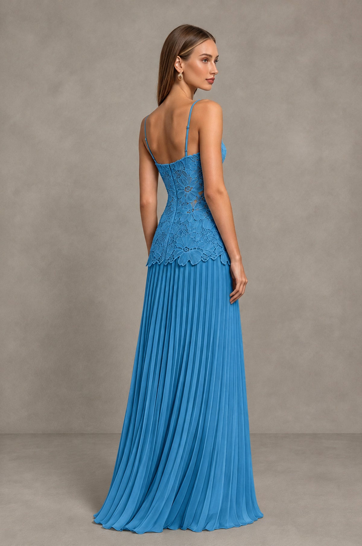 BOLODOO Blue Lace Bodice Pleated Wedding Guest Dress - Blue - Blue_4