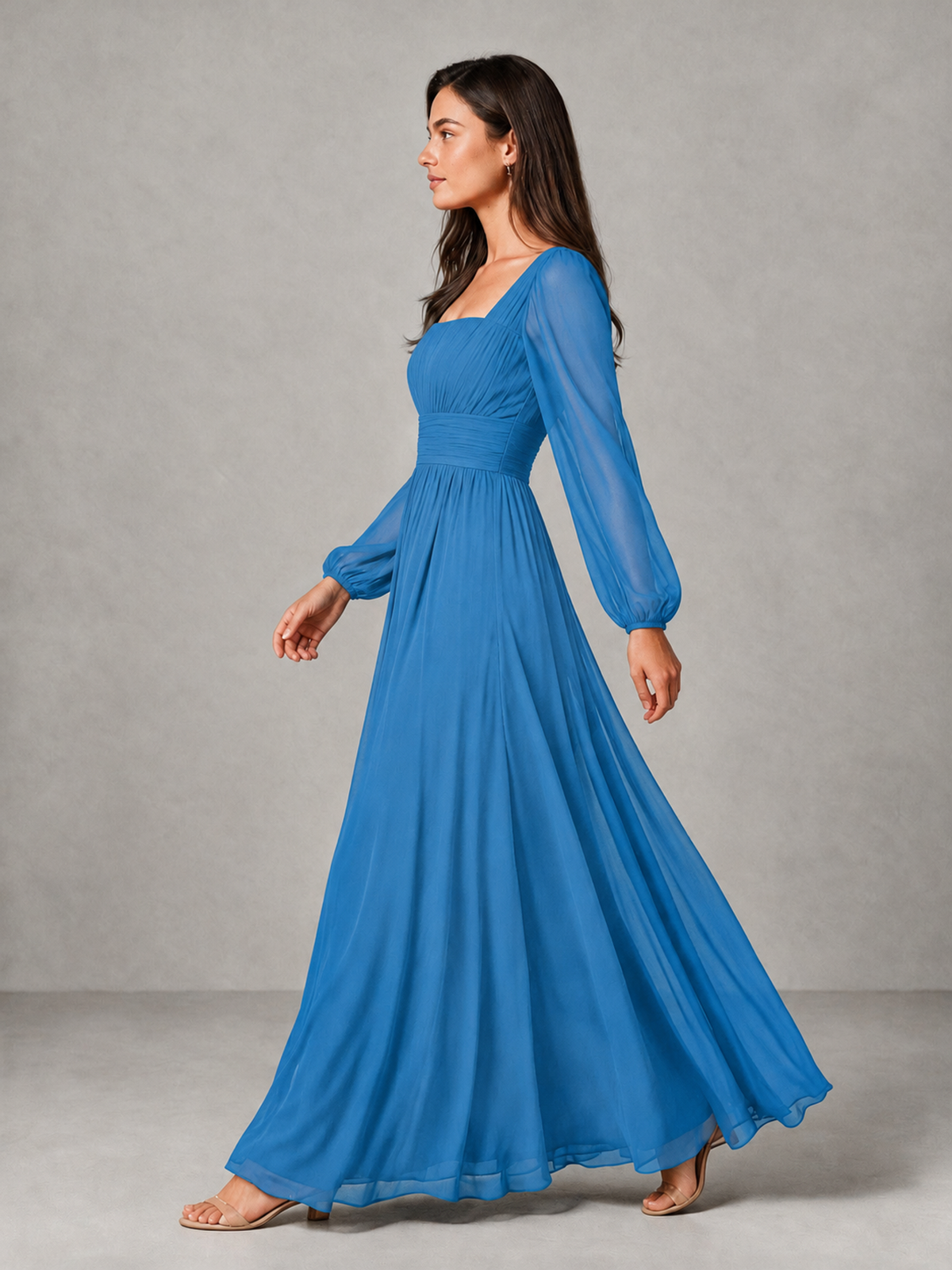 BOLODOO Blue Square Neck Long Sleeve Chiffon Bridesmaid Dress - Blue - Blue_4