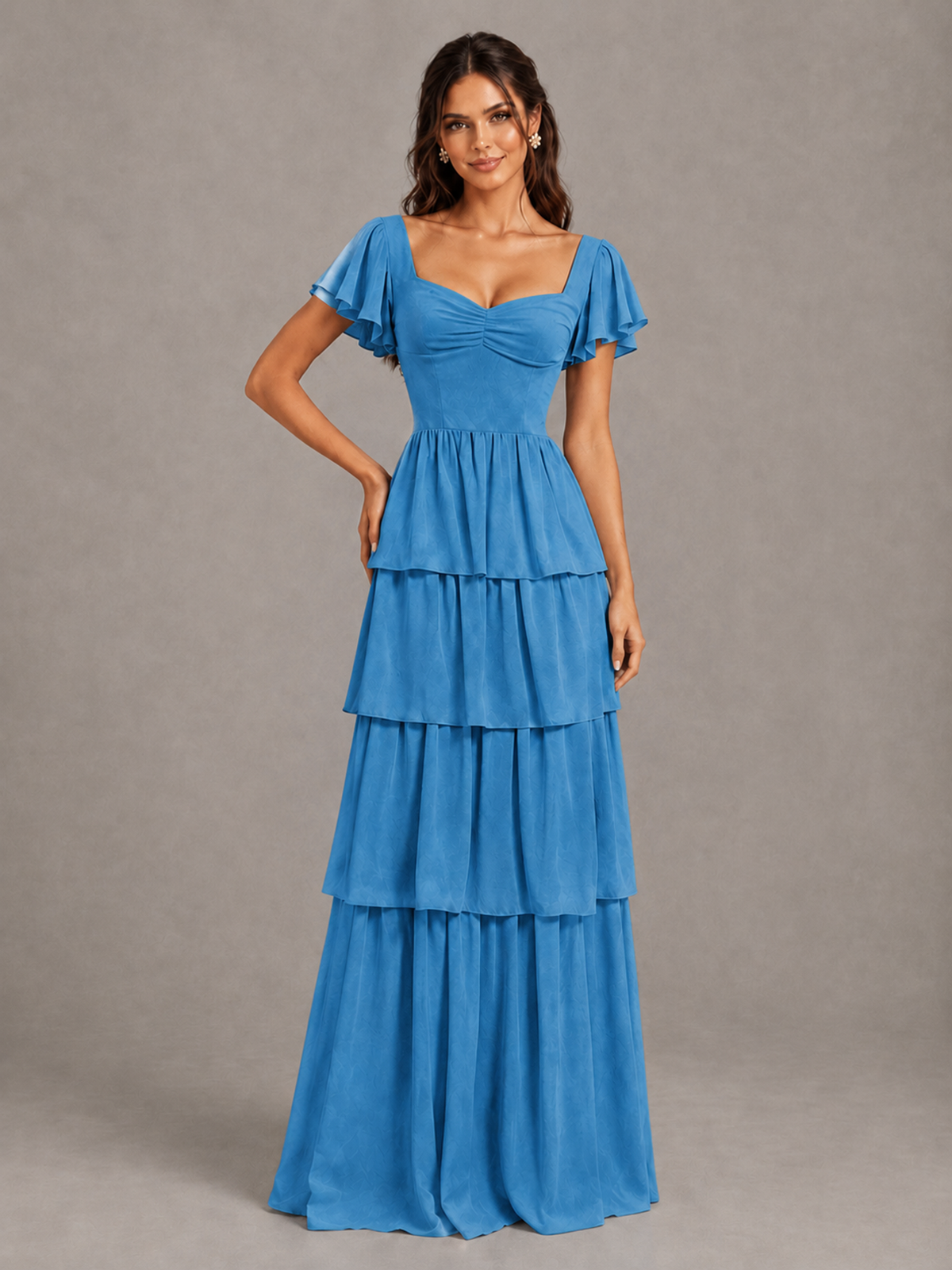 BOLODOO Blue Flutter Sleeve Tiered Maxi Bridesmaid Dress - Blue - Blue_4