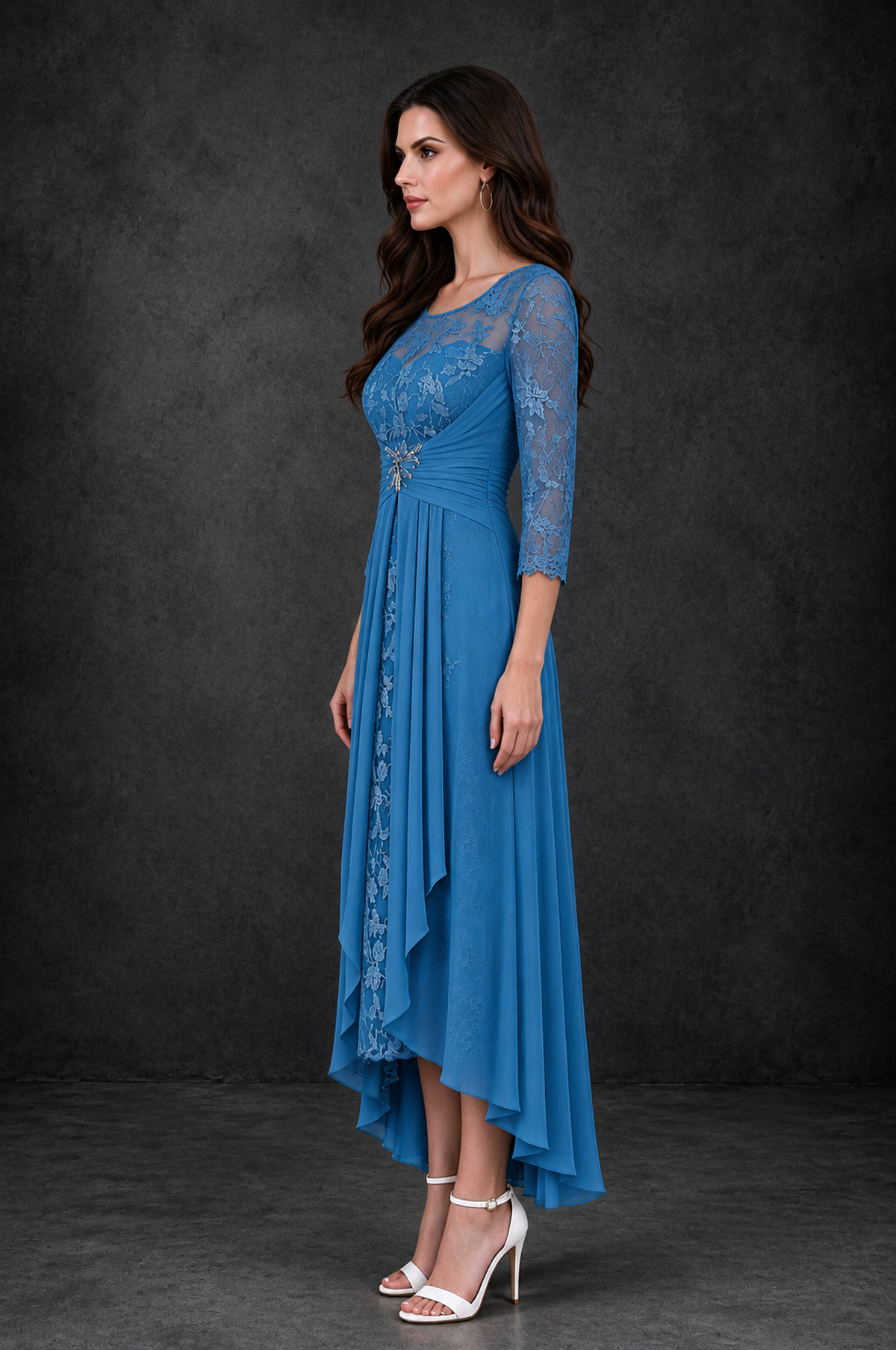 BOLODOO Blue Sequin Lace & Chiffon Tea-Length Mother of the Bride Dress with 3/4 Sleeves - Blue - Blue_5
