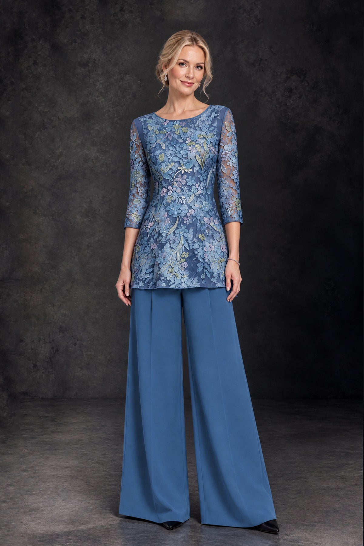 BOLODOO Blue Floral Mother of the Bride Pant Suit with Wide-Leg Pants - Blue - Blue (1)