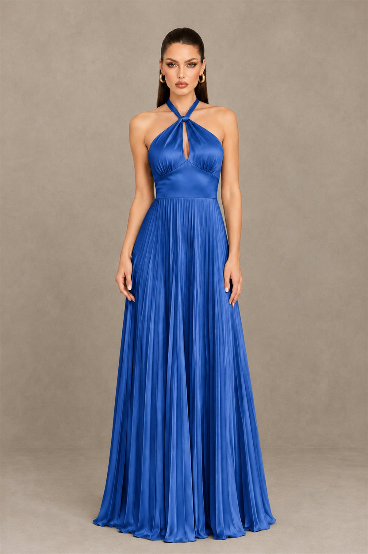 BOLODOO Blue Halter Pleated A-Line Evening Dress - Blue
