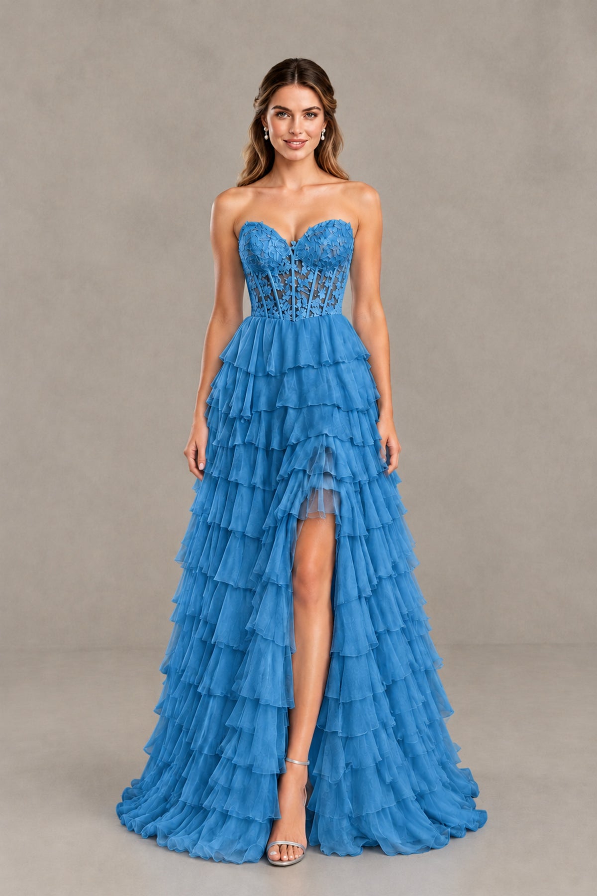 BOLODOO Blue Strapless Lace Corset Tiered Ruffle Prom Dress with Slit - Blue - Blue (1)