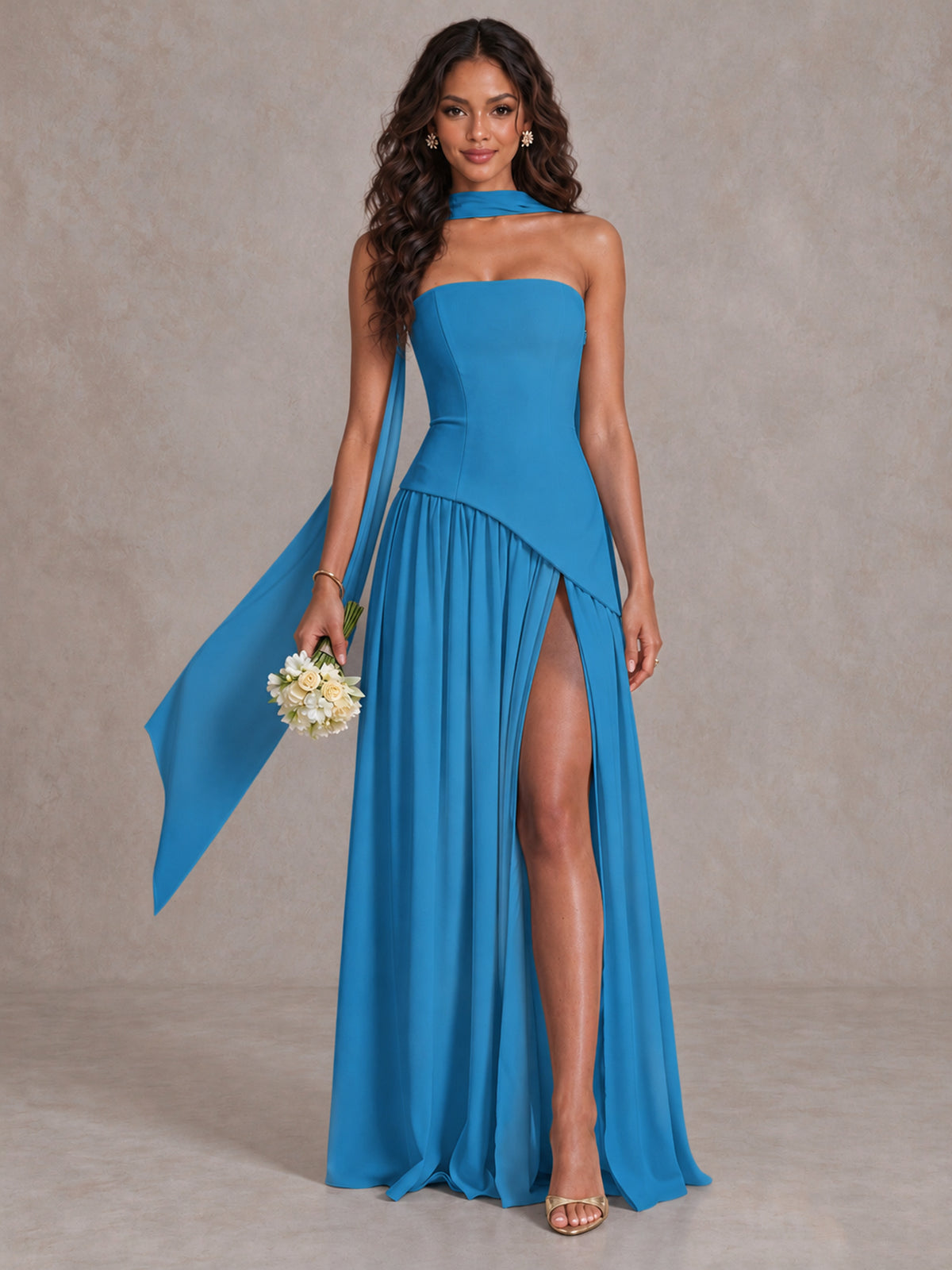 Blue Strapless Bridesmaid Dress with Scarf & High Slit - Blue - Blue (1)