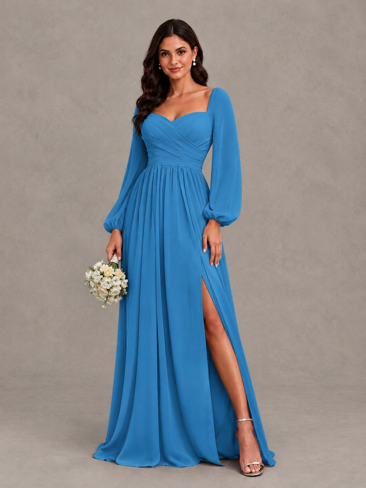 BOLODOO Blue Long Sleeve Chiffon Bridesmaid Dress with Slit - Blue - Blue (1)