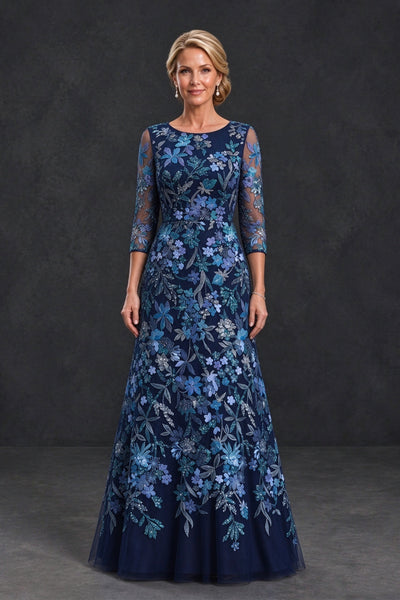 BOLODOO Blue Floral Embroidered Mother of the Bride Dress with 3/4 Sleeves - Blue - Blue (1)