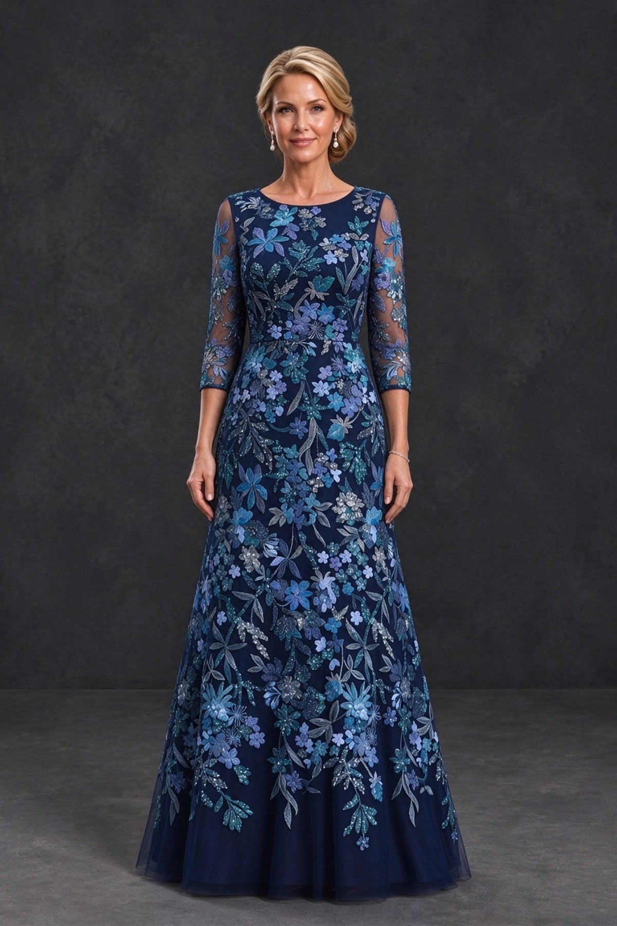 BOLODOO Blue Floral Embroidered Mother of the Bride Dress with 3/4 Sleeves - Blue - Blue (1)