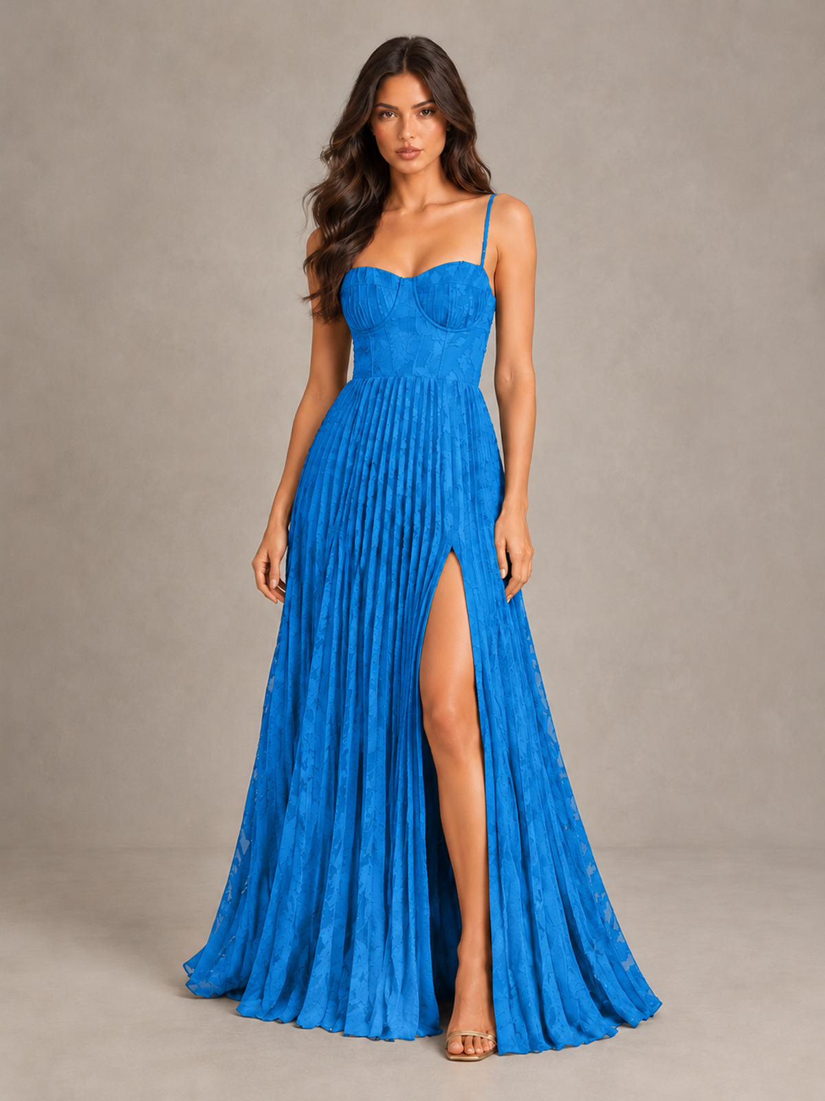BOLODOO Blue Pleated Bridesmaid Dress with Sweetheart Neckline & Slit - Blue - Blue (1)
