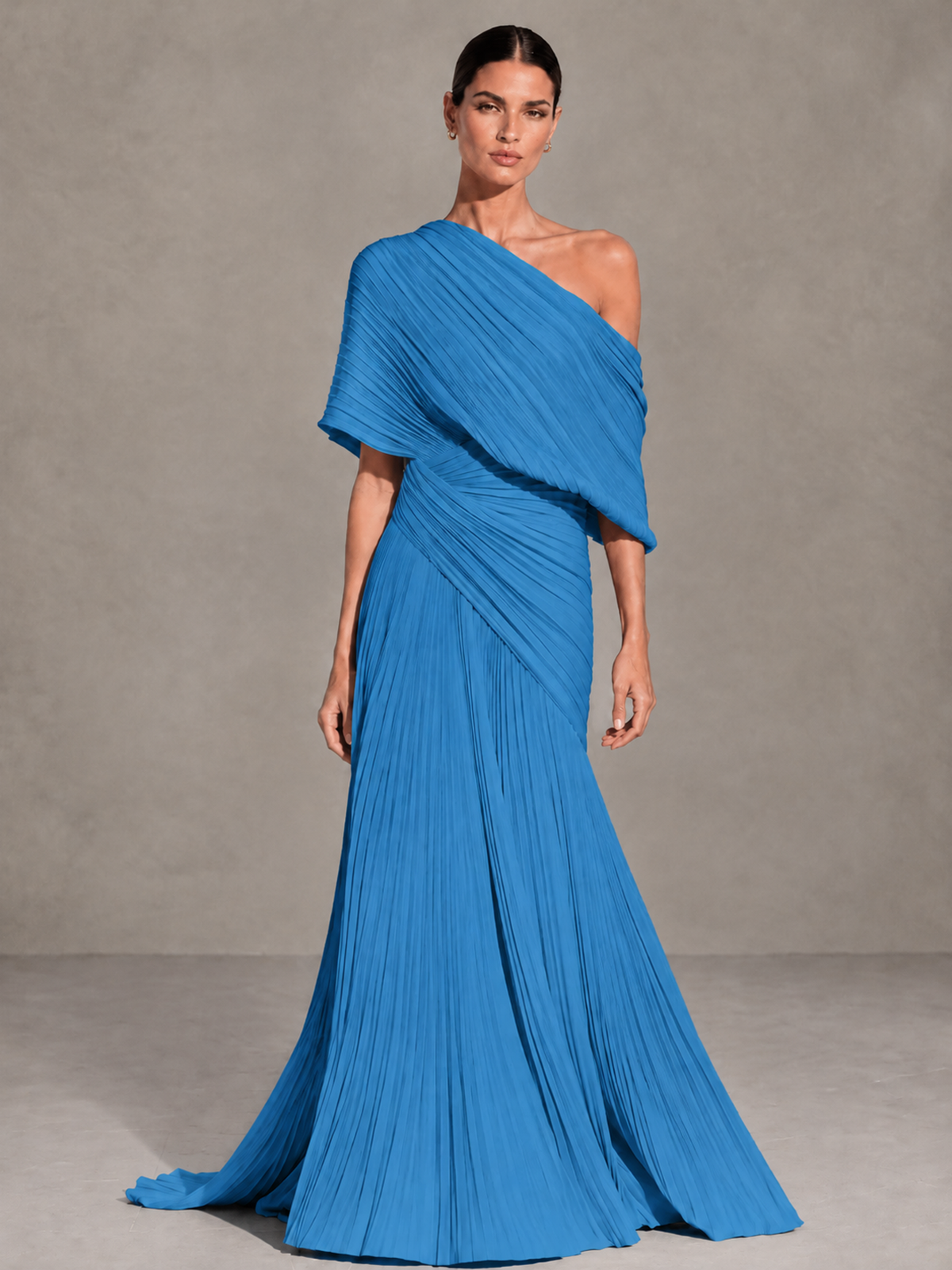 BOLODOO Blue One-Shoulder Pleated Cape Evening Gown with Train - Blue - Blue (1)