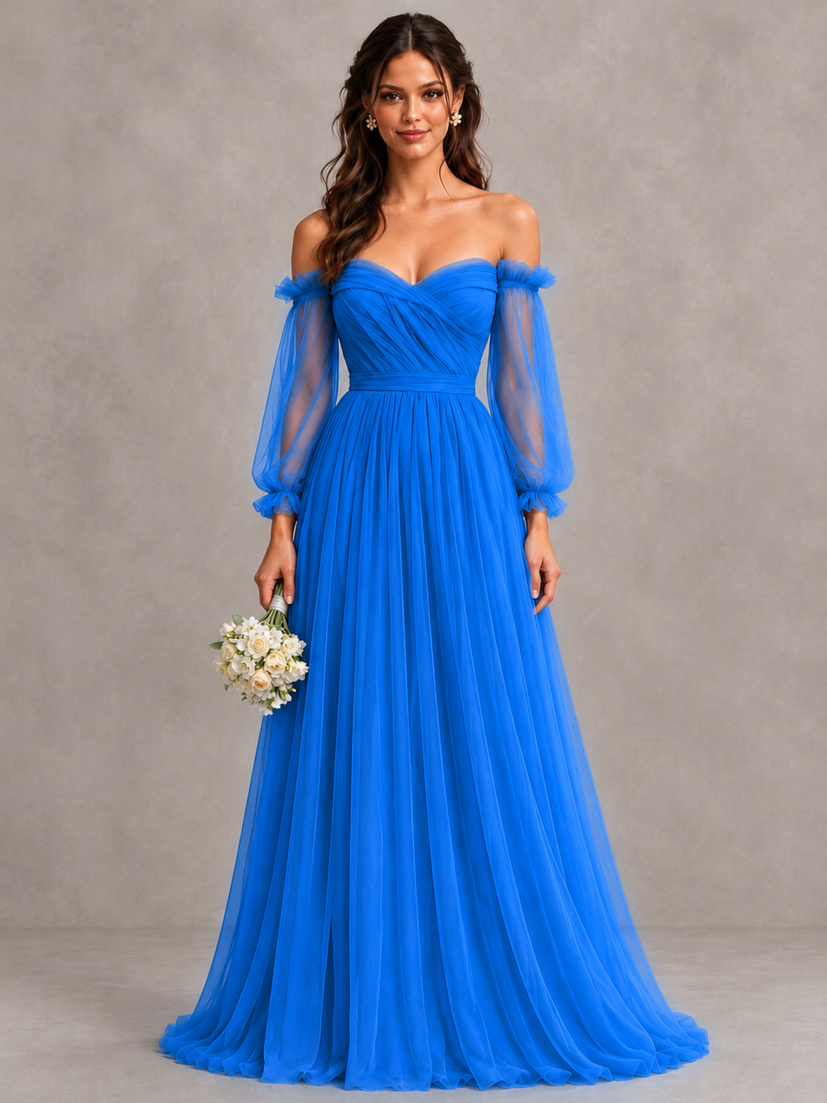 BOLODOO Blue Off-the-Shoulder Long Sleeve A-Line Bridesmaid Dress - Blue - Blue (1)