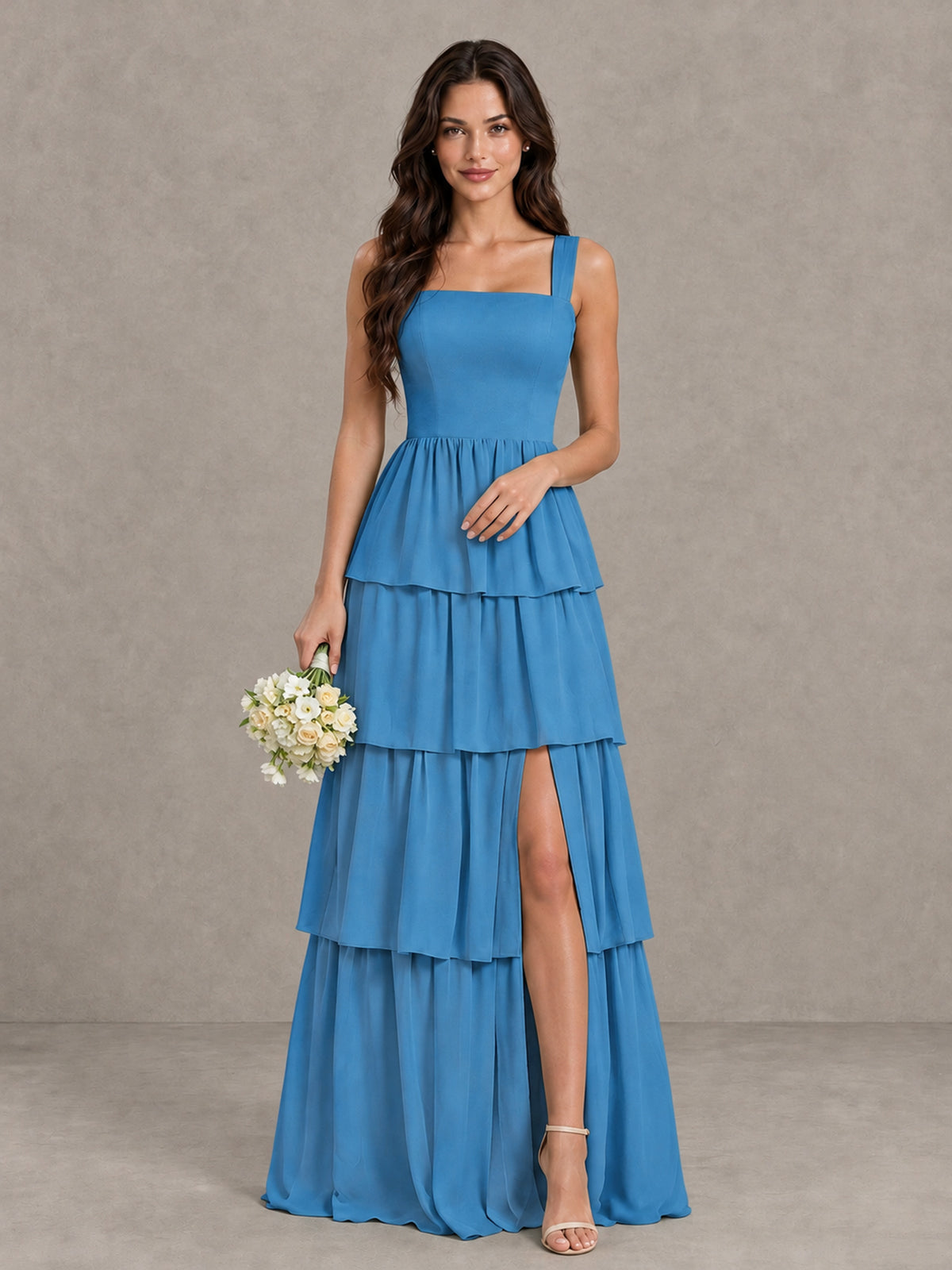 BOLODOO Blue Square Neck Tiered Bridesmaid Dress with Slit - Blue - Blue (1)