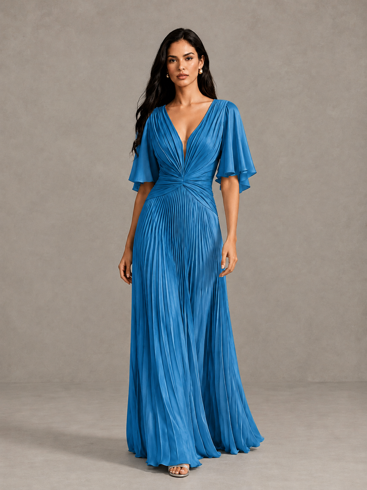 BOLODOO Blue Pleated V-Neck Flutter Sleeve Bridesmaid Dress - Blue - Blue (1)