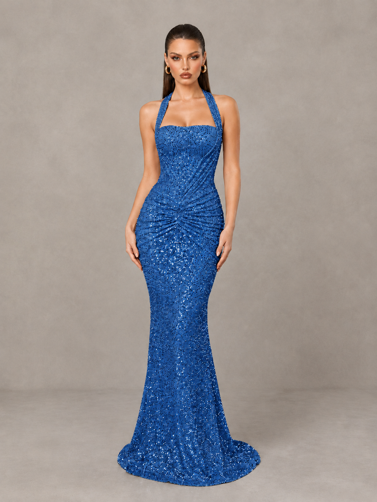 BOLODOO Blue Sequin Halter Mermaid Evening Gown - Blue - Blue (1)