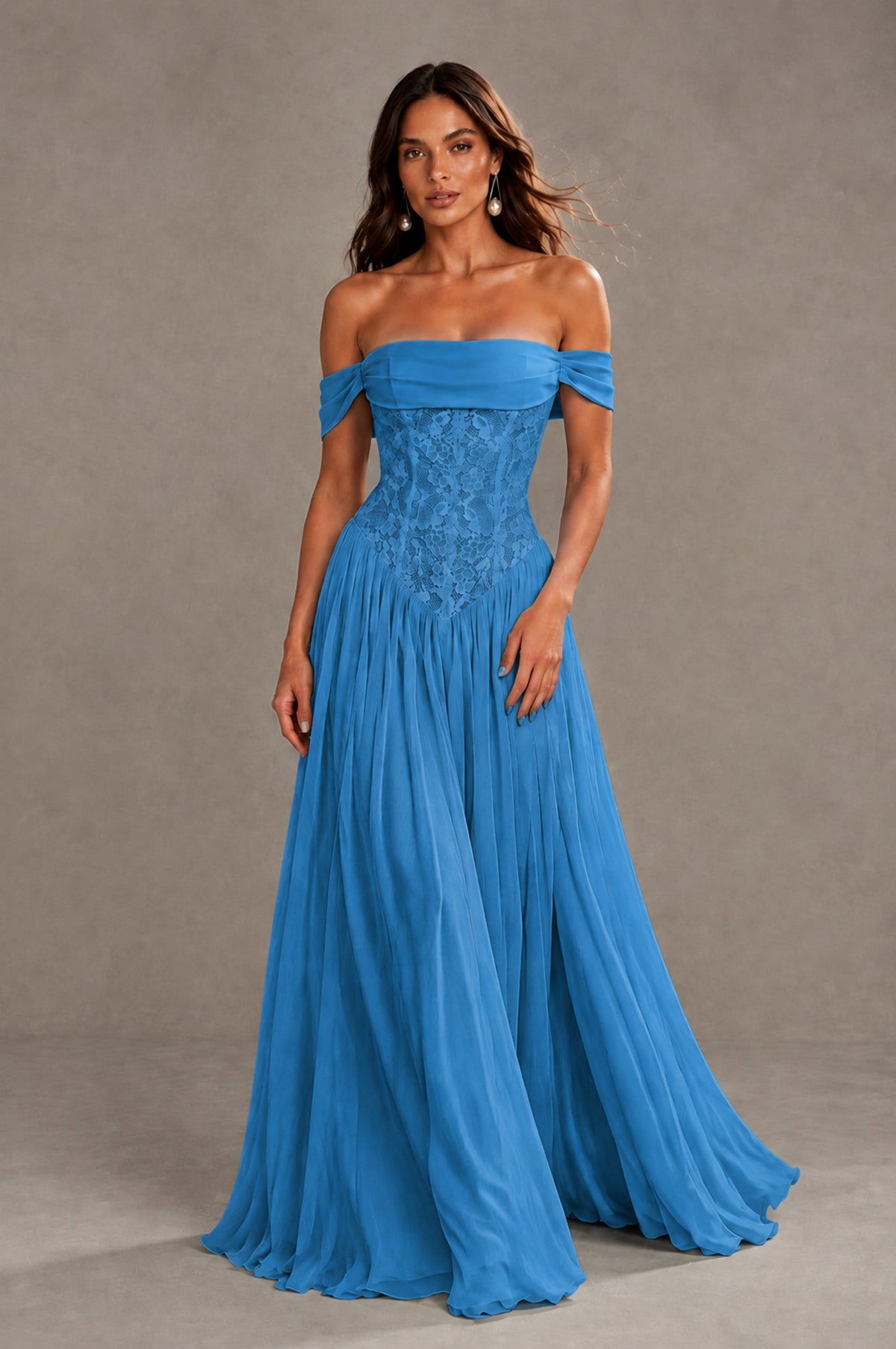 BOLODOO Blue Off-Shoulder Lace Corset Tulle Maxi Dress - Blue - Blue (1)