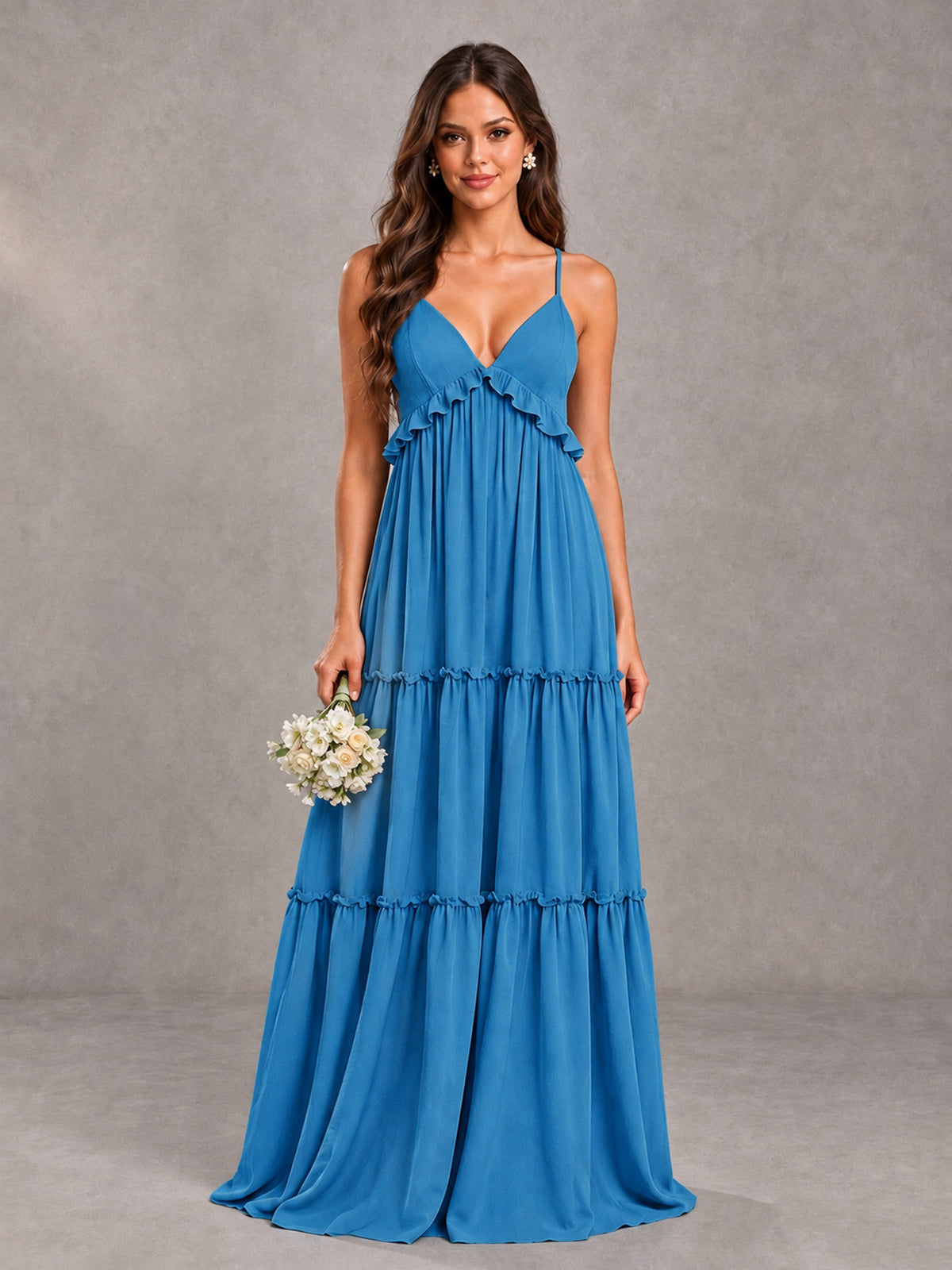 BOLODOO Blue Tiered V-Neck Lace-Up Back Bridesmaid Dress - Blue - Blue (1)