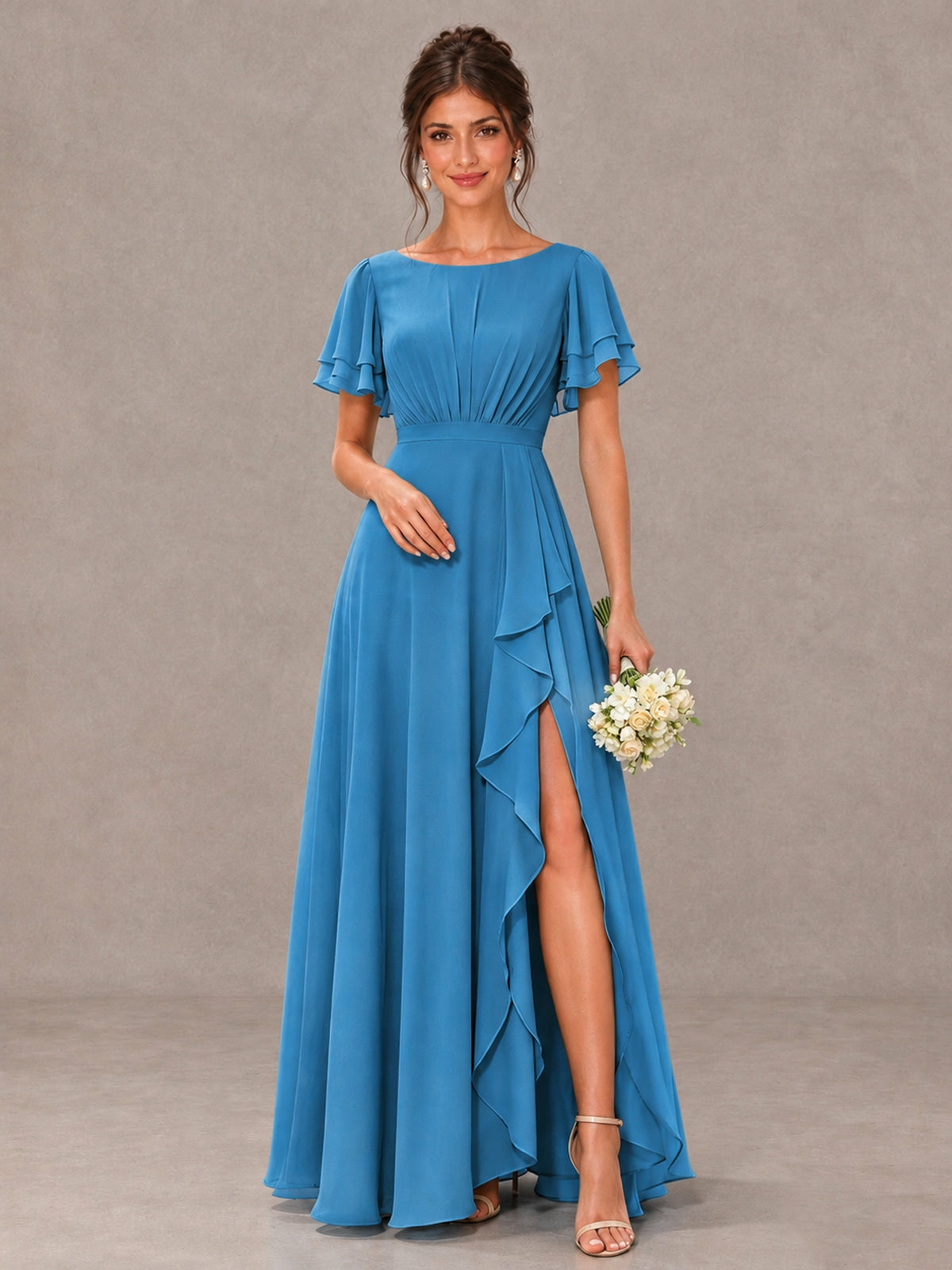 BOLODOO Blue Flutter Sleeve Ruffle Bridesmaid Dress with Slit - Blue - Blue (1)