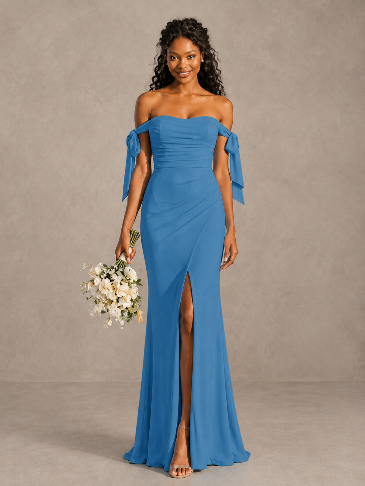 Blue Off-Shoulder Bow Bridesmaid Dress with Slit - Blue - Blue (1)