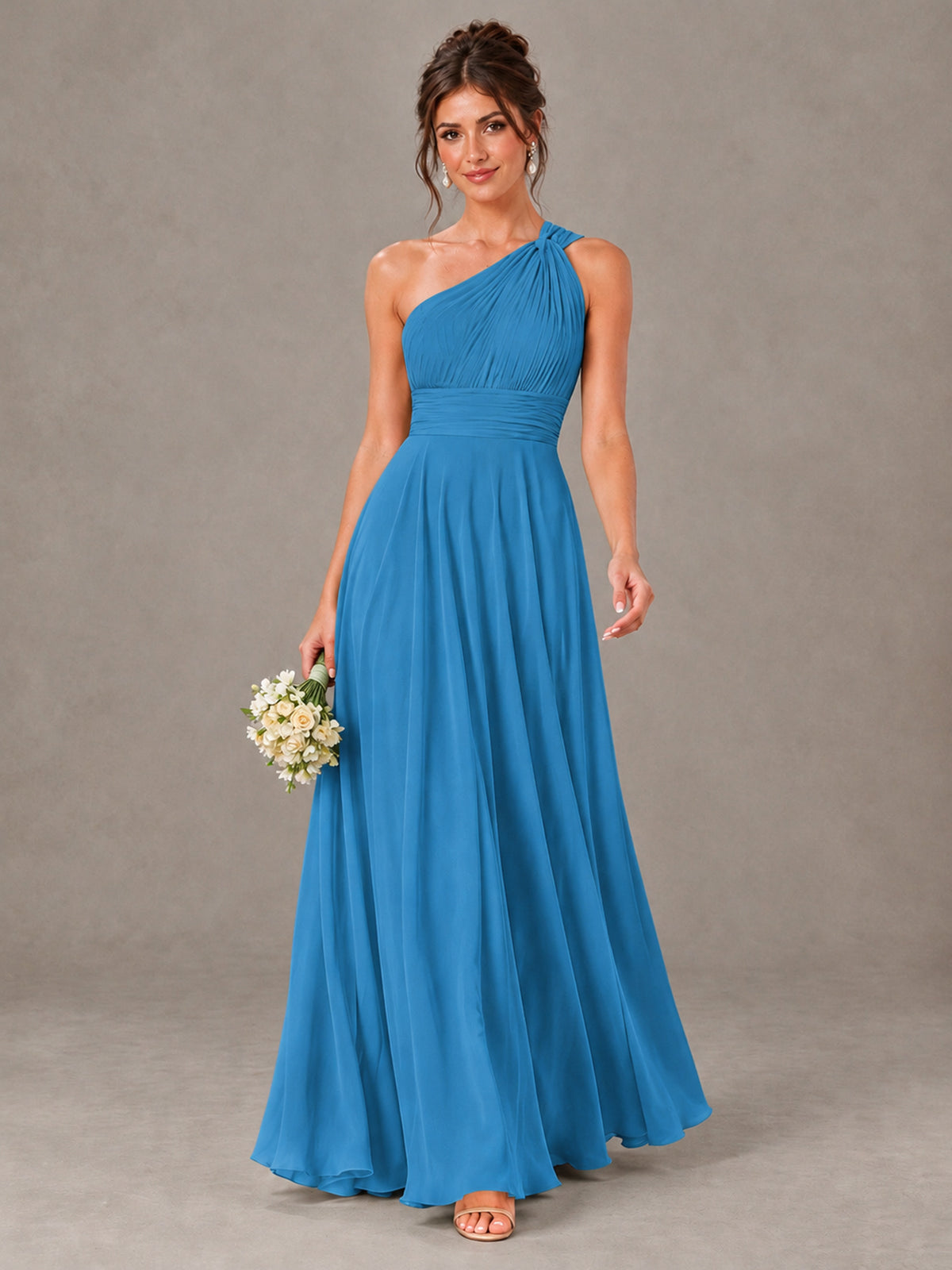 BOLODOO Blue One-Shoulder Chiffon-Look Bridesmaid Dress - Blue - Blue (1)