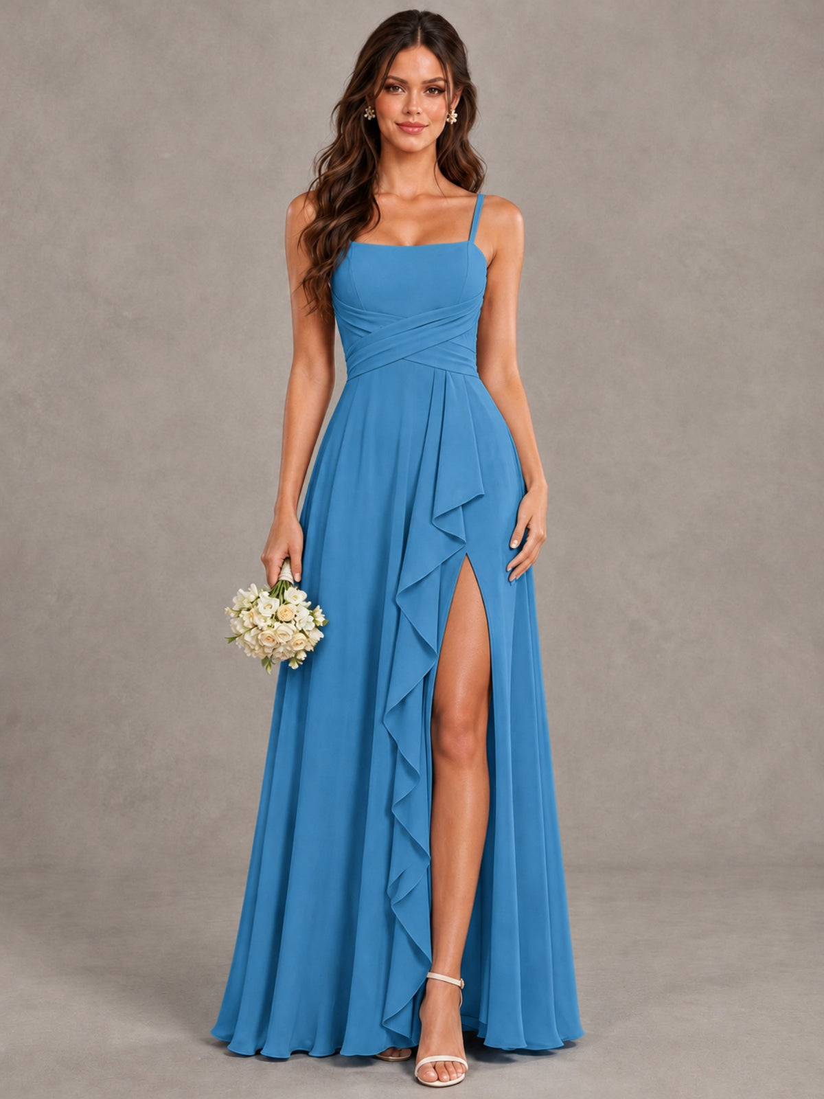 BOLODOO Blue Spaghetti Strap Ruffle Bridesmaid Dress with Slit - Blue - Blue (1)