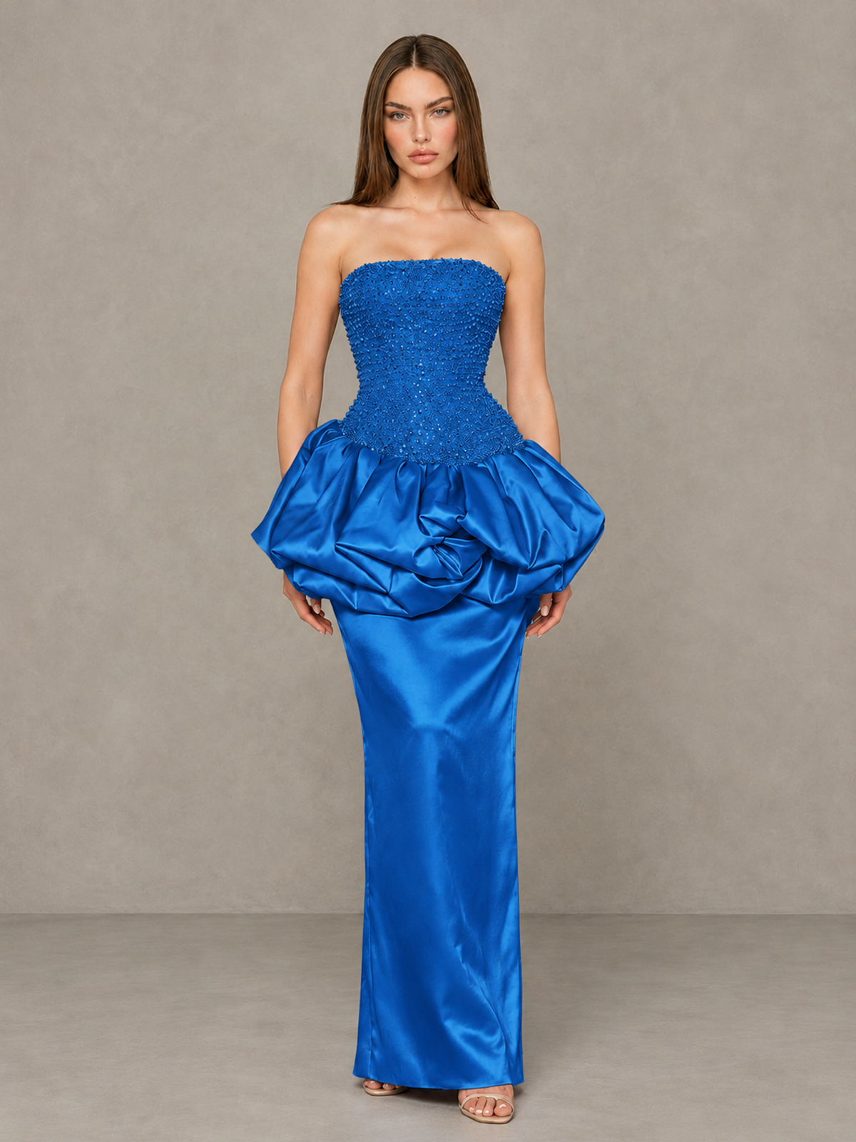 BOLODOO Blue Strapless Embellished Bubble Peplum Evening Dress - Blue - Blue (1)