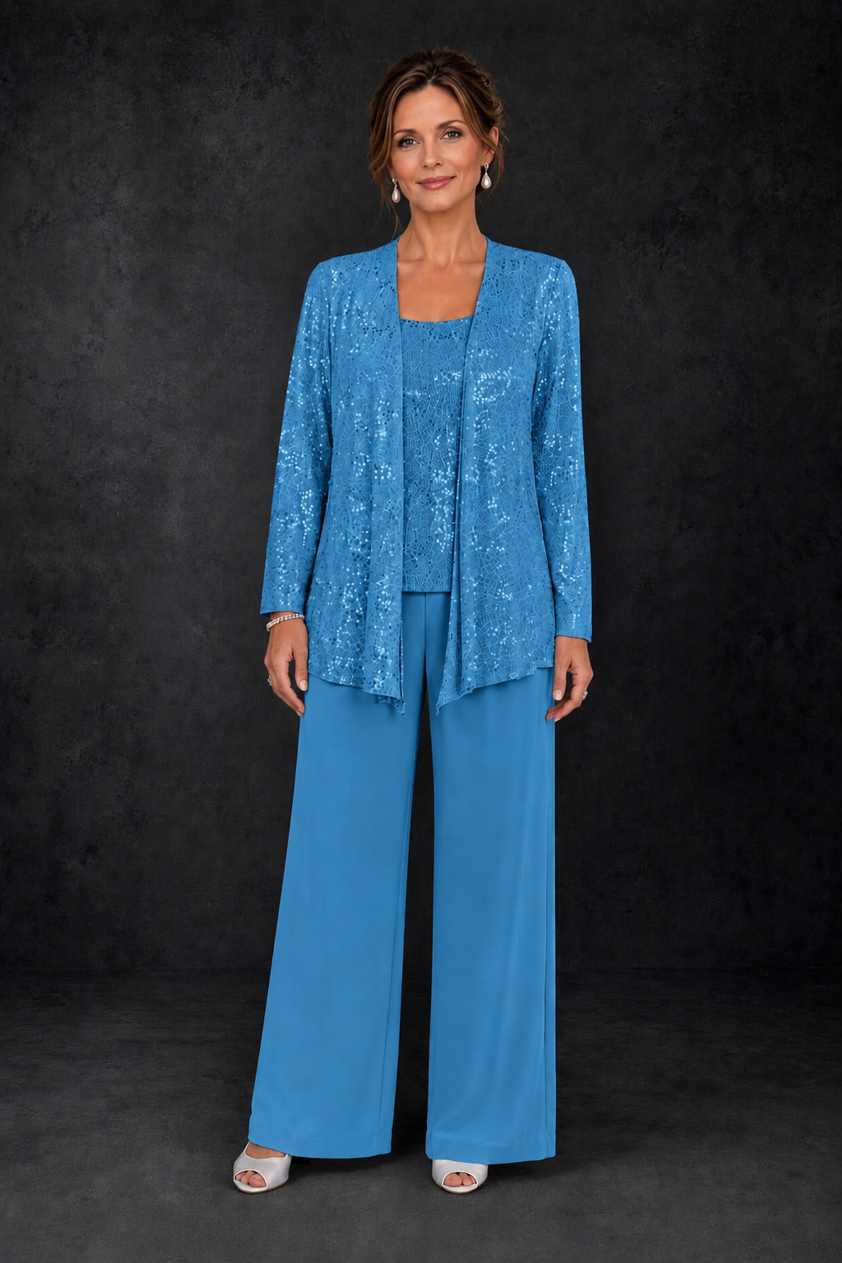 BOLODOO Blue Sequin Lace 3-Piece Pant Suit with Long Sleeve Jacket - Blue - Blue (1)