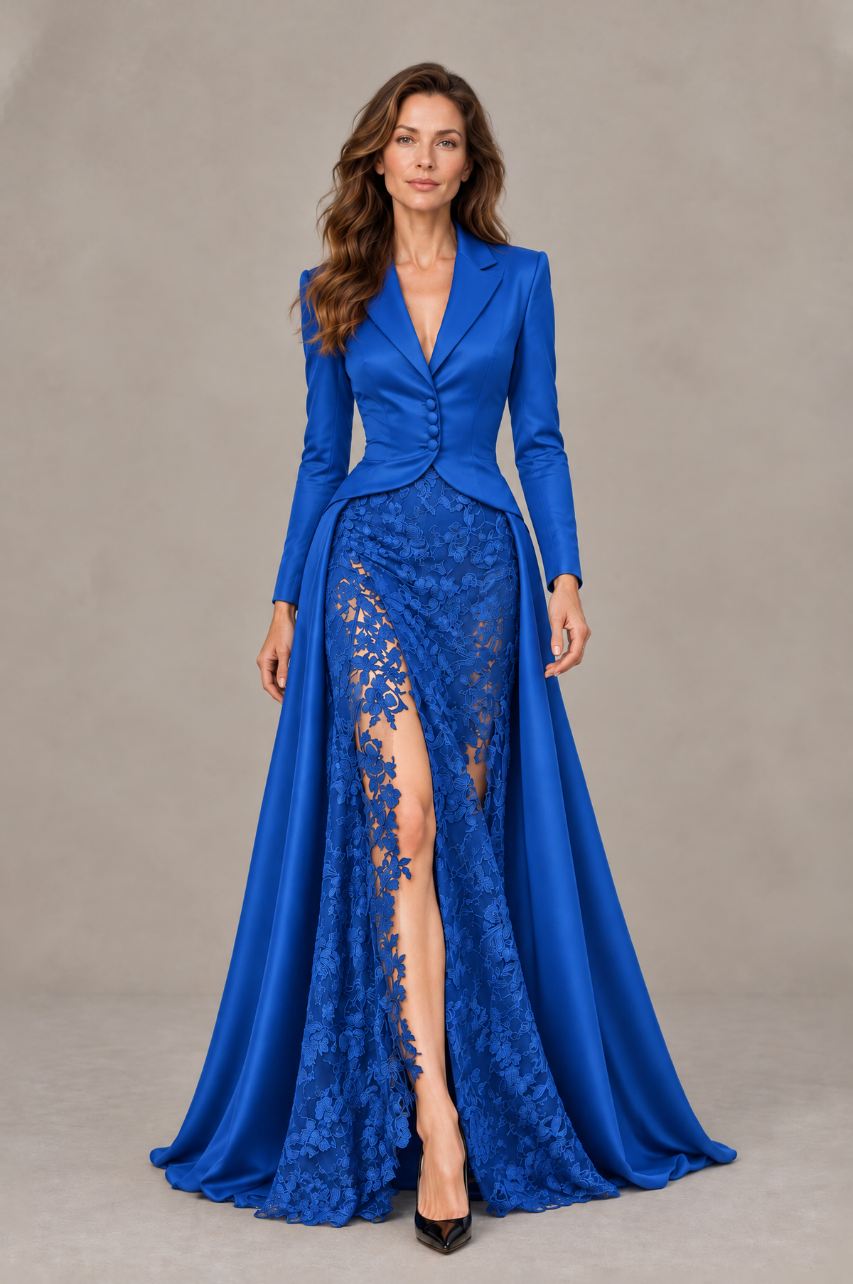 BOLODOO Blue Long Sleeve Lace Blazer Gown with High Slit - Blue - Blue (1)