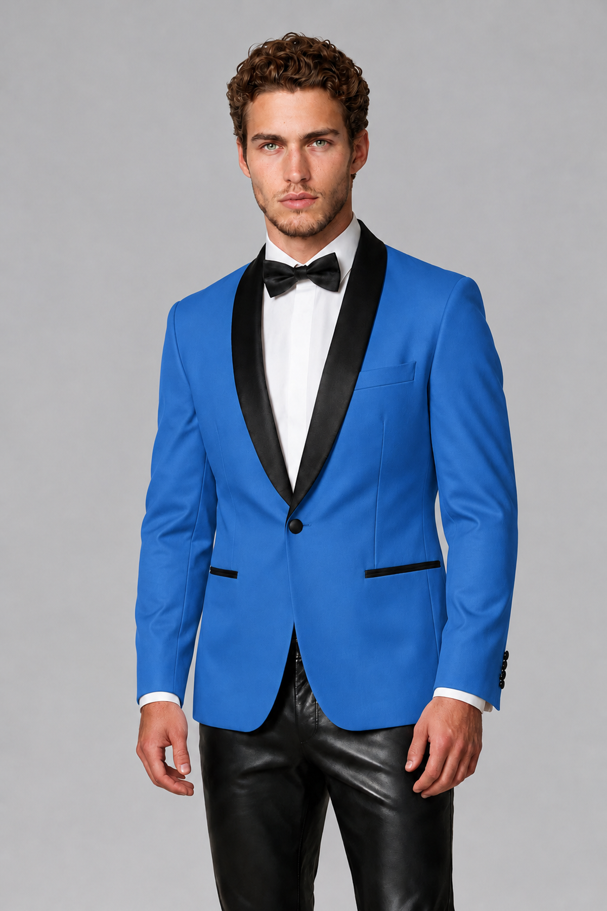 BOLODOO Men's Blue Tuxedo Blazer | Black Shawl Lapel Single-Breasted Formal Jacket - Blue - Blue (1)