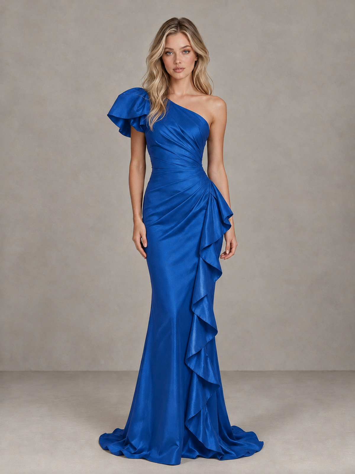 BOLODOO Blue One-Shoulder Satin-Look Mermaid Evening Dress with Ruffles - Blue - Blue (1)