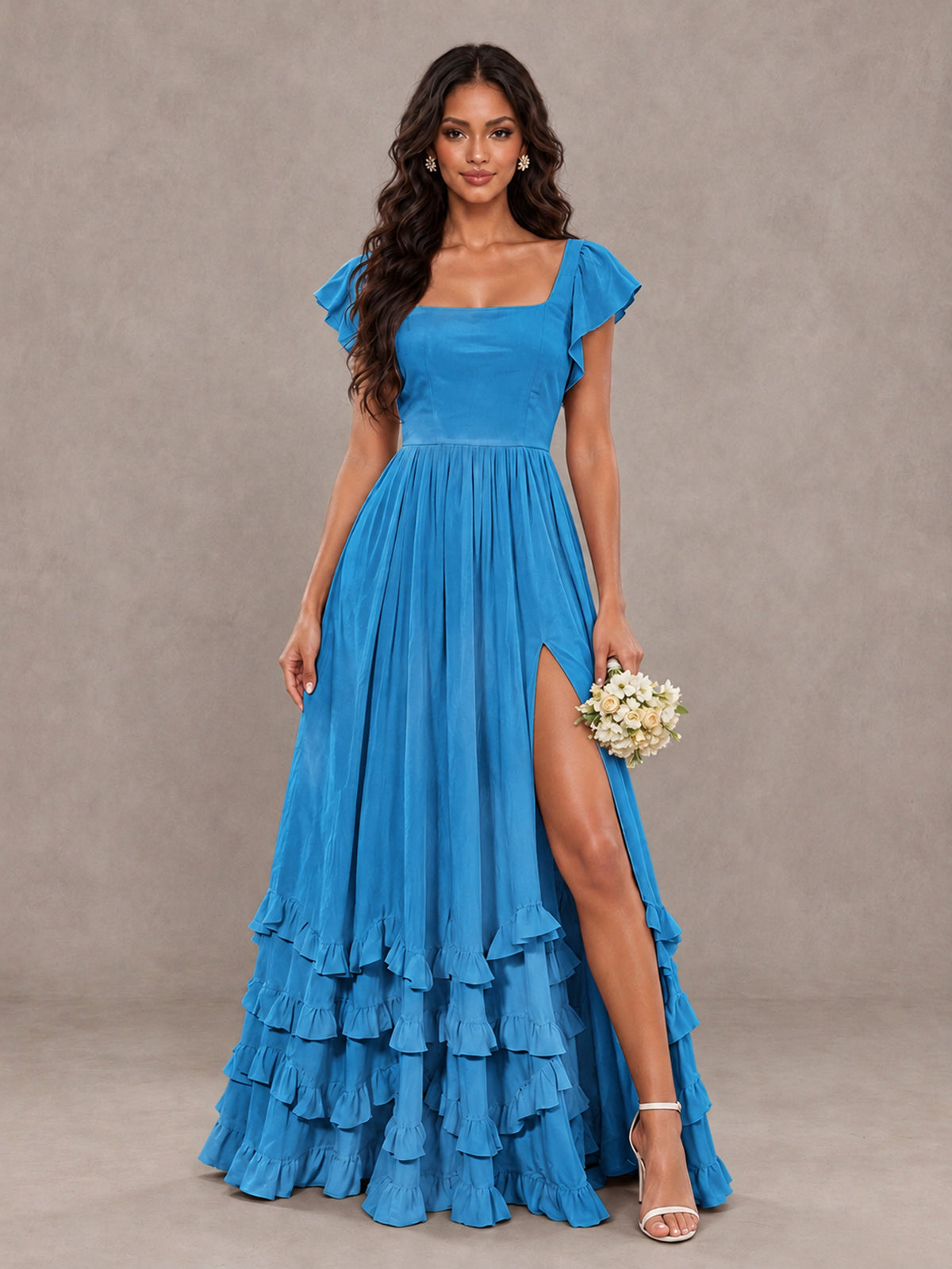 BOLODOO Blue Flutter Sleeve Ruffle Bridesmaid Dress with Slit - Blue - Blue (1)