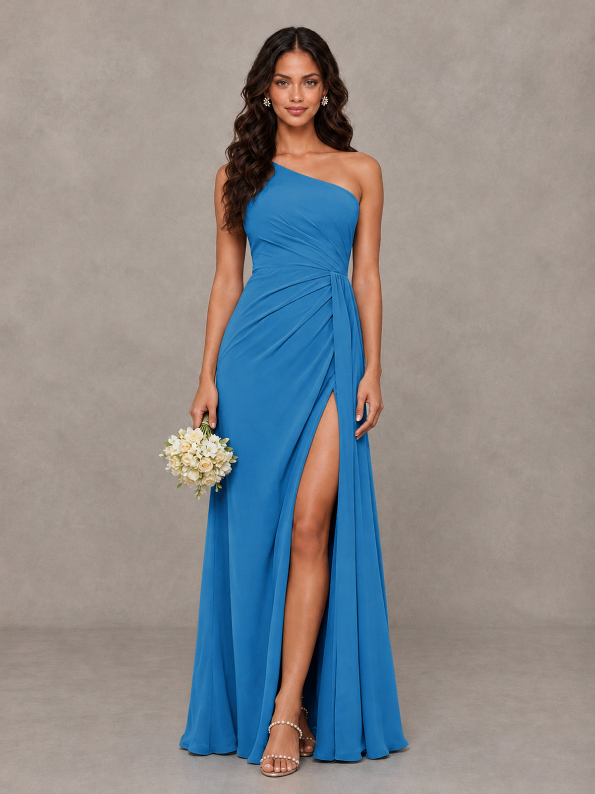 BOLODOO Blue One-Shoulder Chiffon Bridesmaid Dress with Ruched Bodice & High Slit - Blue - Blue (1)