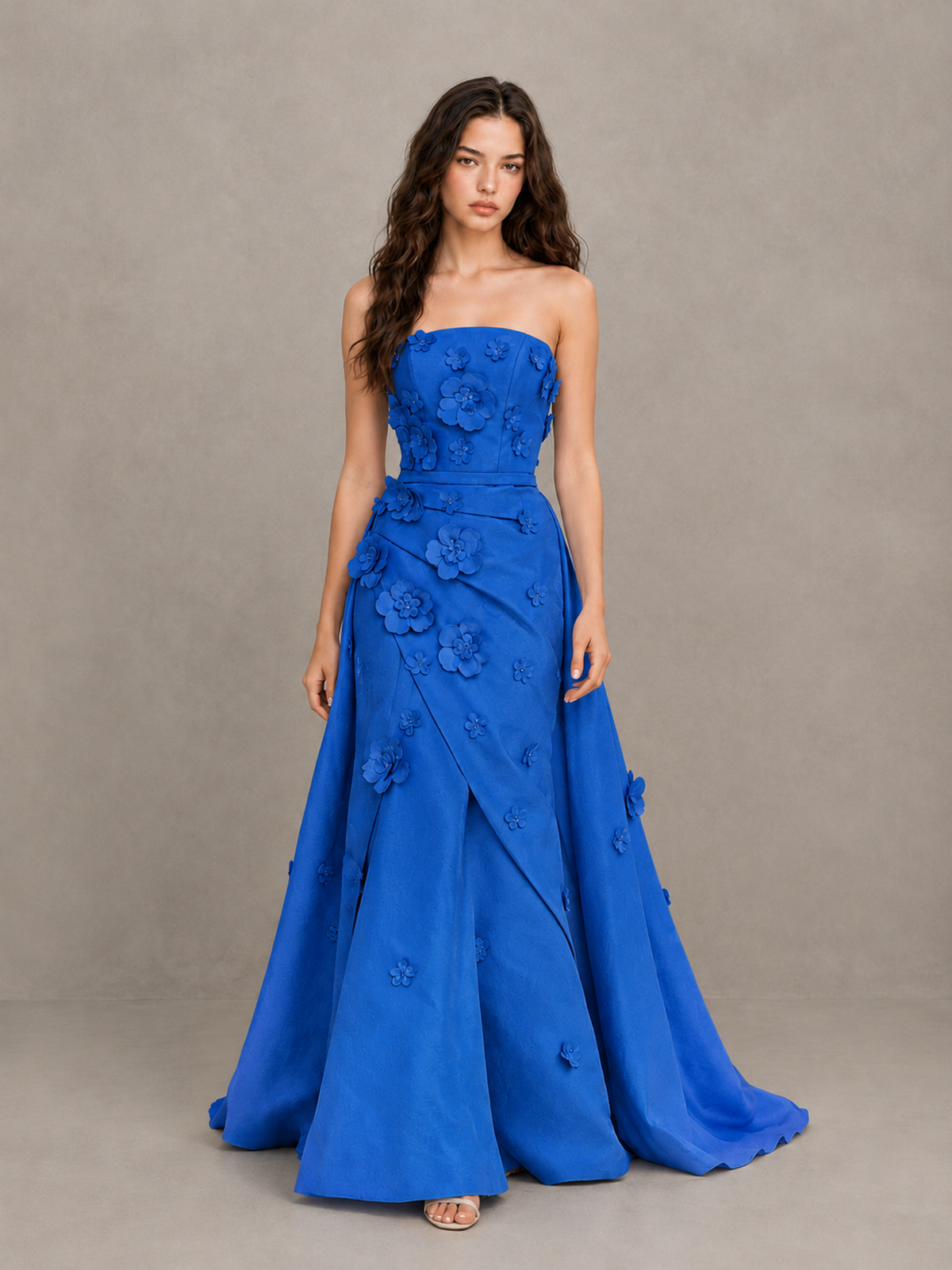 BOLODOO Blue Strapless 3D Floral Applique Prom Gown with Draped Skirt - Blue - Blue (1)