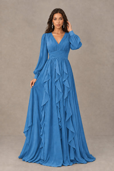 BOLODOO Blue Long Sleeve V-Neck Ruffle Maxi Dress - Blue - Blue (1)
