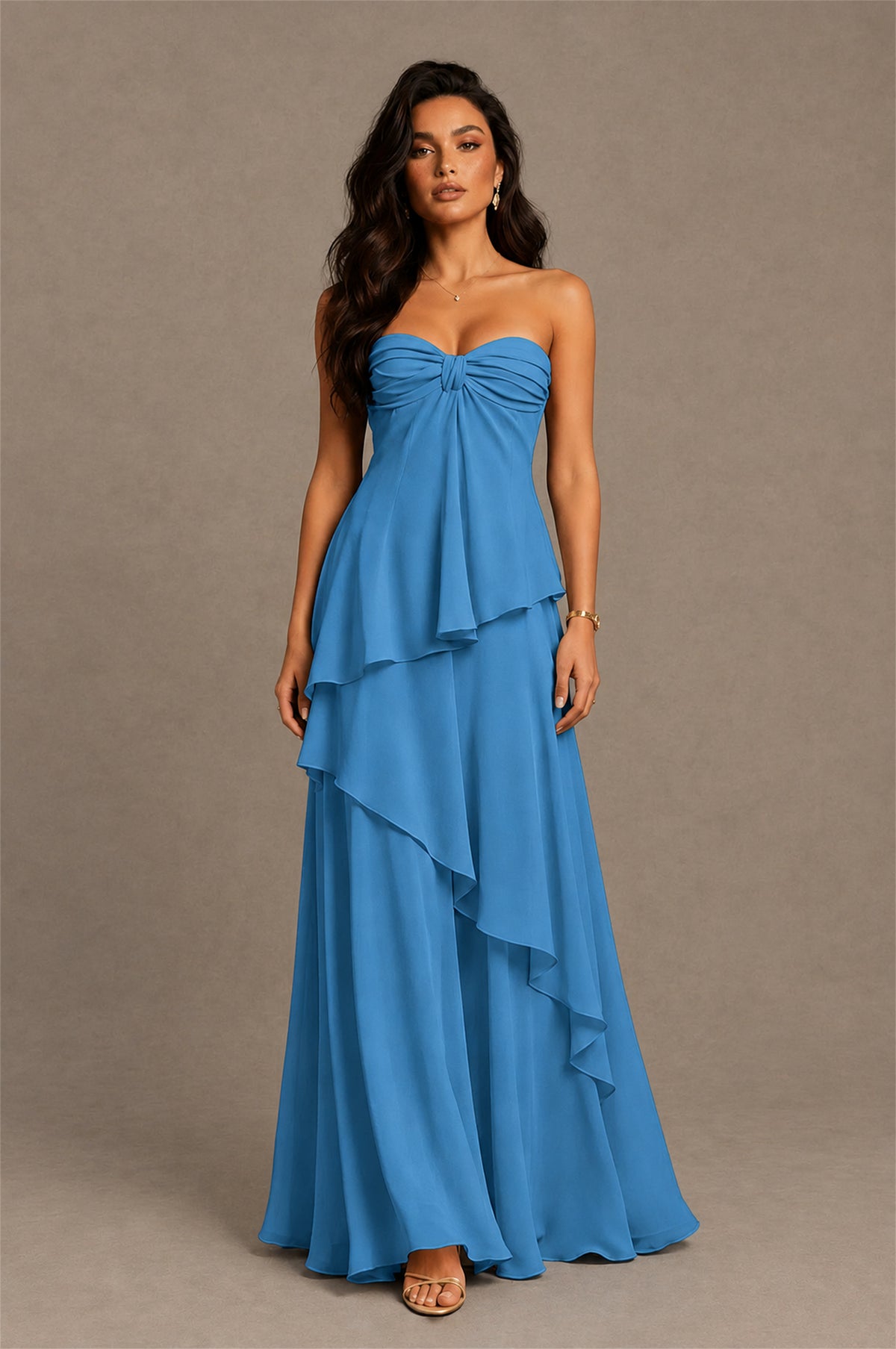 BOLODOO Blue Strapless Sweetheart Knotted Chiffon Tiered Maxi Dress with Lace-Up Back - Blue