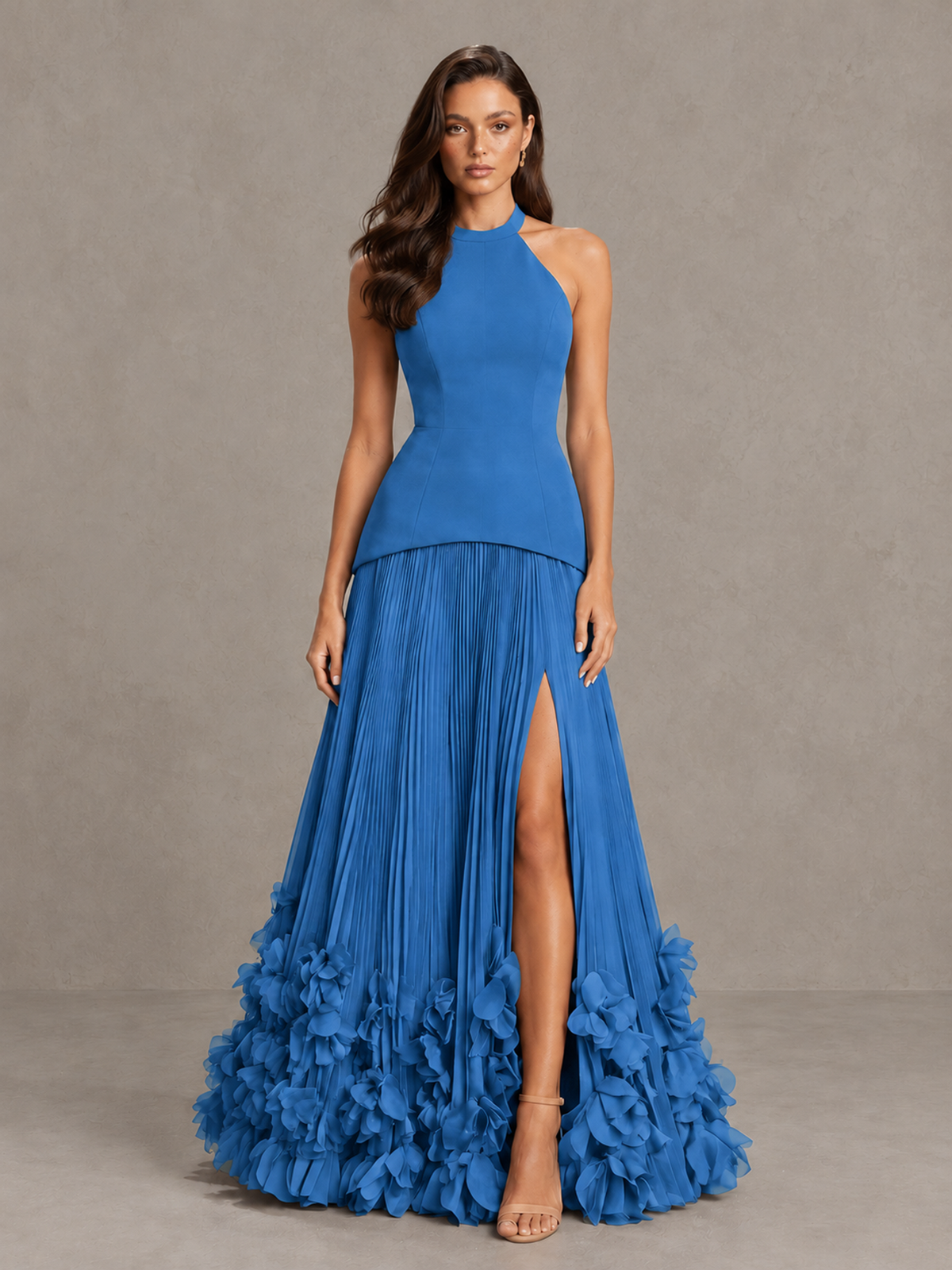 BOLODOO Blue Halter Neck Floor-Length Evening Gown with High Slit & 3D Floral Hem - Blue - Blue (1)