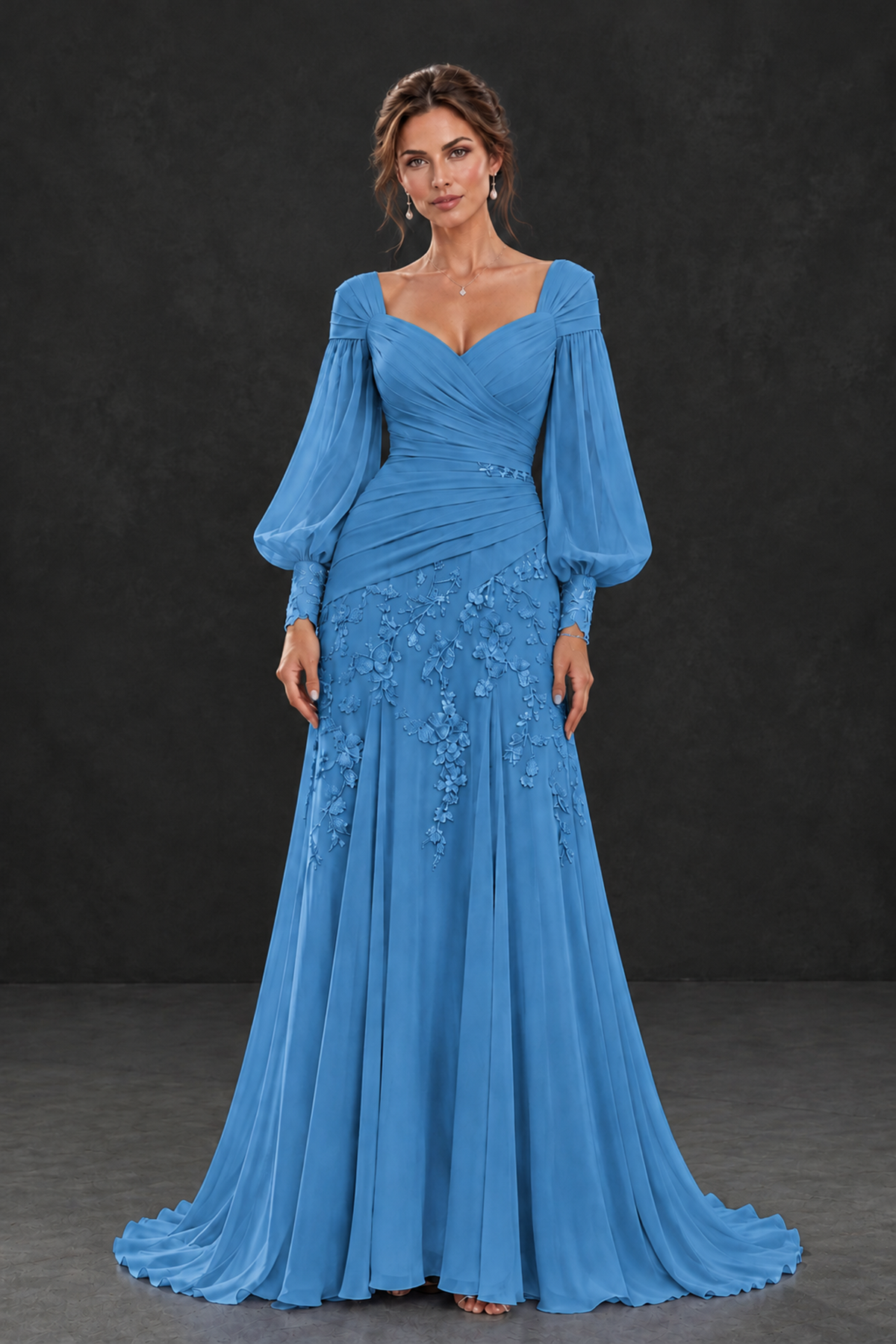 BOLODOO Blue Long Sleeve Mother of the Bride Dress with Floral Appliqués - Blue - Blue (1)