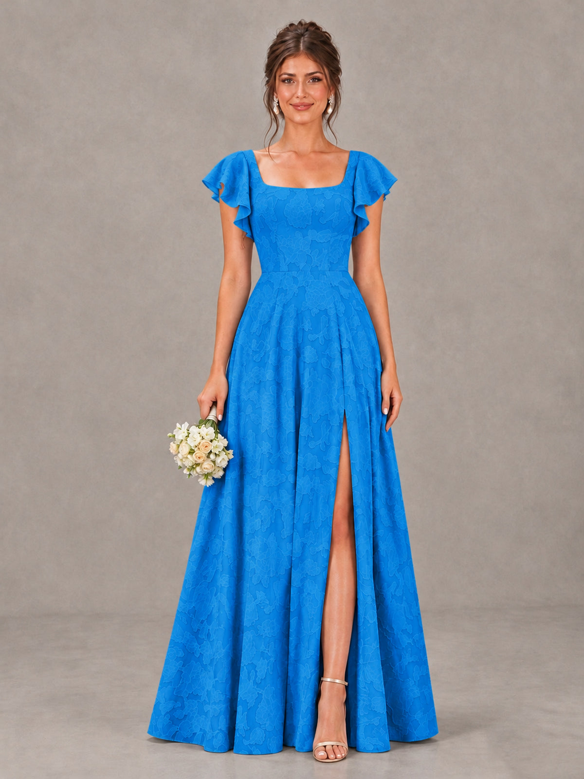 BOLODOO Blue Floral Flutter Sleeve Bridesmaid Dress with Slit - Blue - Blue (1)