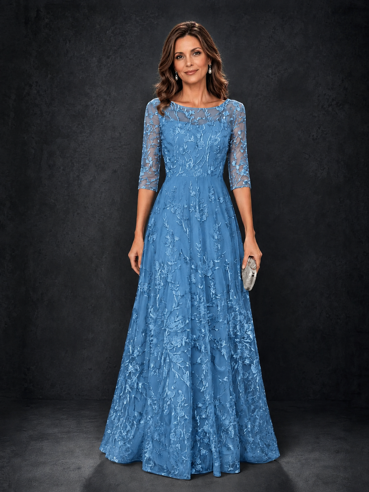 BOLODOO Blue Illusion Bateau Neck 3/4 Sleeve Floral Lace A-Line Mother of the Bride Dress MX007 - Blue