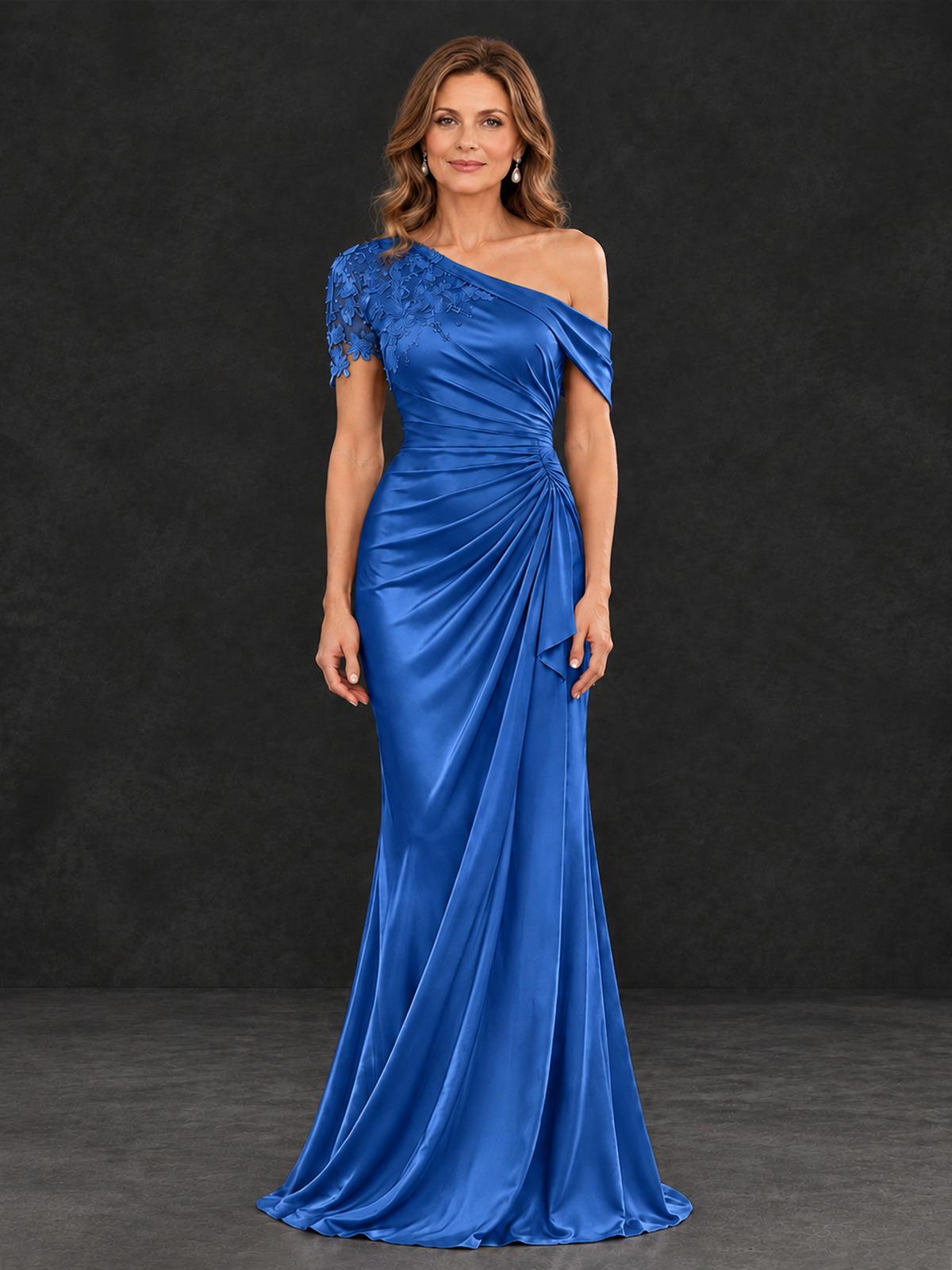 BOLODOO Blue Asymmetric Satin Mother of the Bride Dress with Lace Sleeve - Blue - Blue (1)