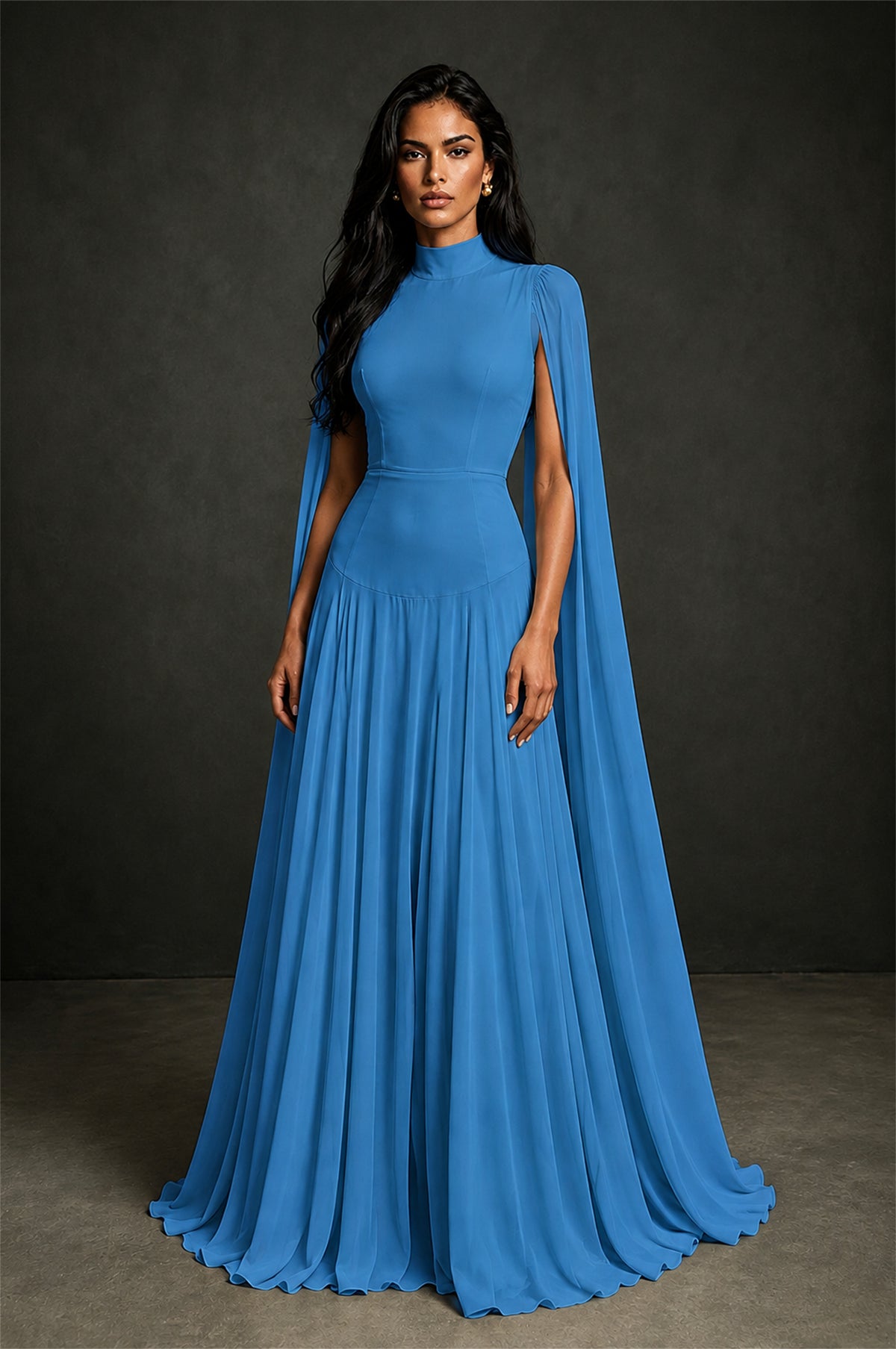 BOLODOO Blue Mock Neck Cape Sleeve A-Line Chiffon Maxi Dress - Blue - Blue (1)