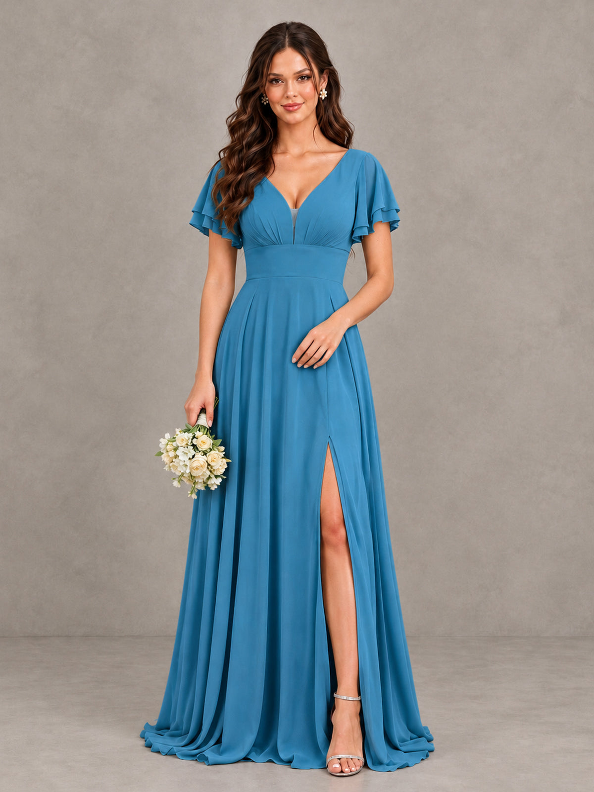 BOLODOO Blue Flutter Sleeve Chiffon A-Line Maxi Bridesmaid Dress with Open Back & Slit - Blue - Blue (1)