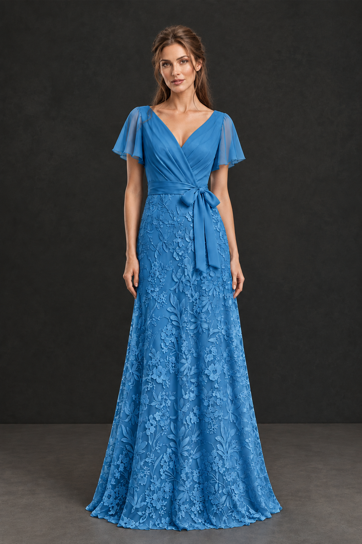 BOLODOO Blue Flutter Sleeve Lace Mother of the Bride Dress - Blue
