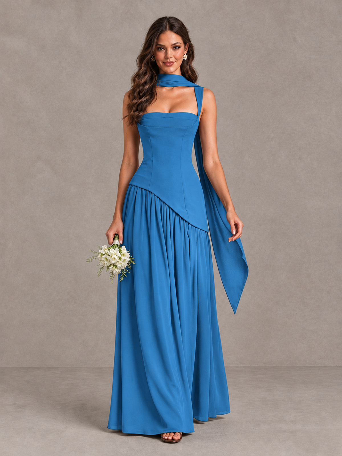 BOLODOO Blue Brown Scarf Bridesmaid Dress with Lace-Up Back - Blue - Blue (1)