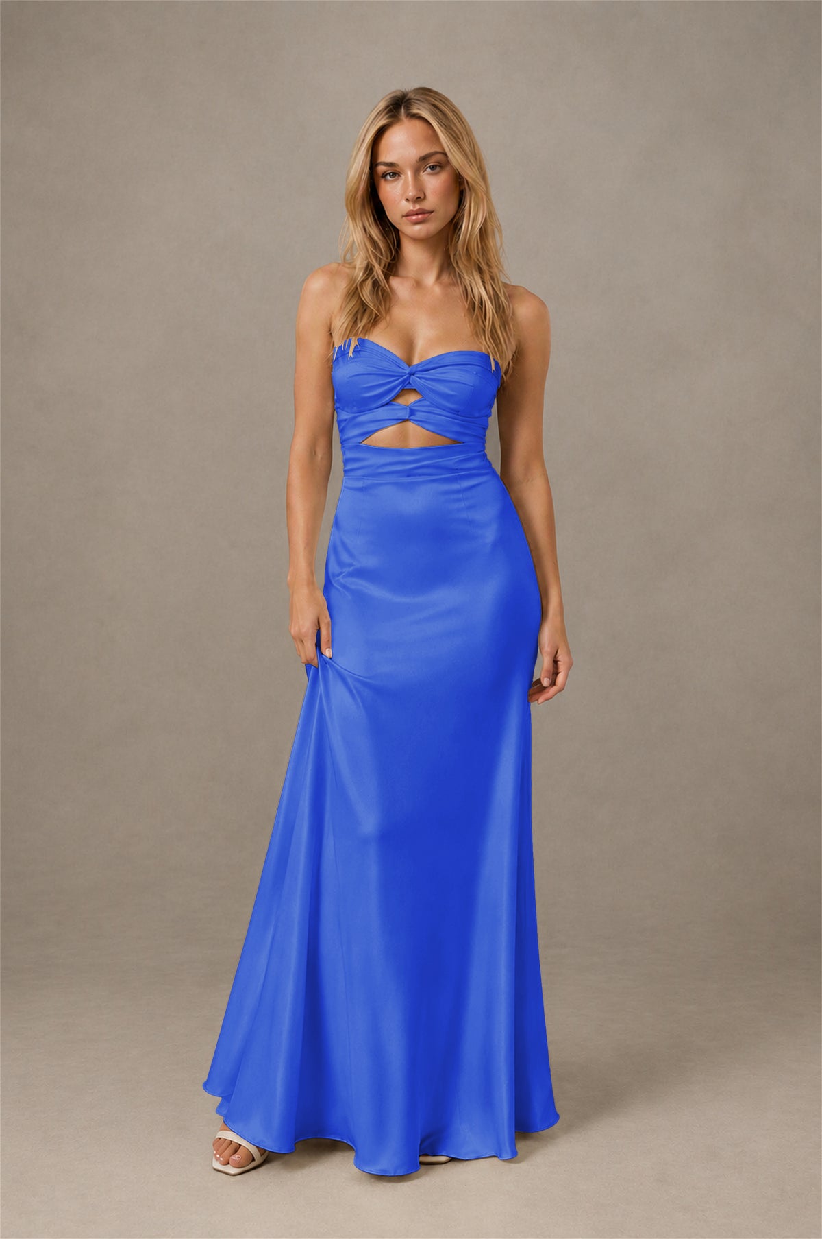 BOLODOO Blue Sweetheart Strapless Twist Knot Cutout Lace-Up Back Satin Mermaid Maxi Dress - Blue - Blue (1)