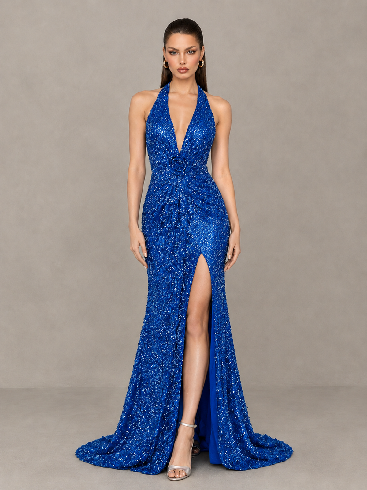 BOLODOO Blue Sequin Halter Open Back Evening Gown with High Slit - Blue - Blue (1)